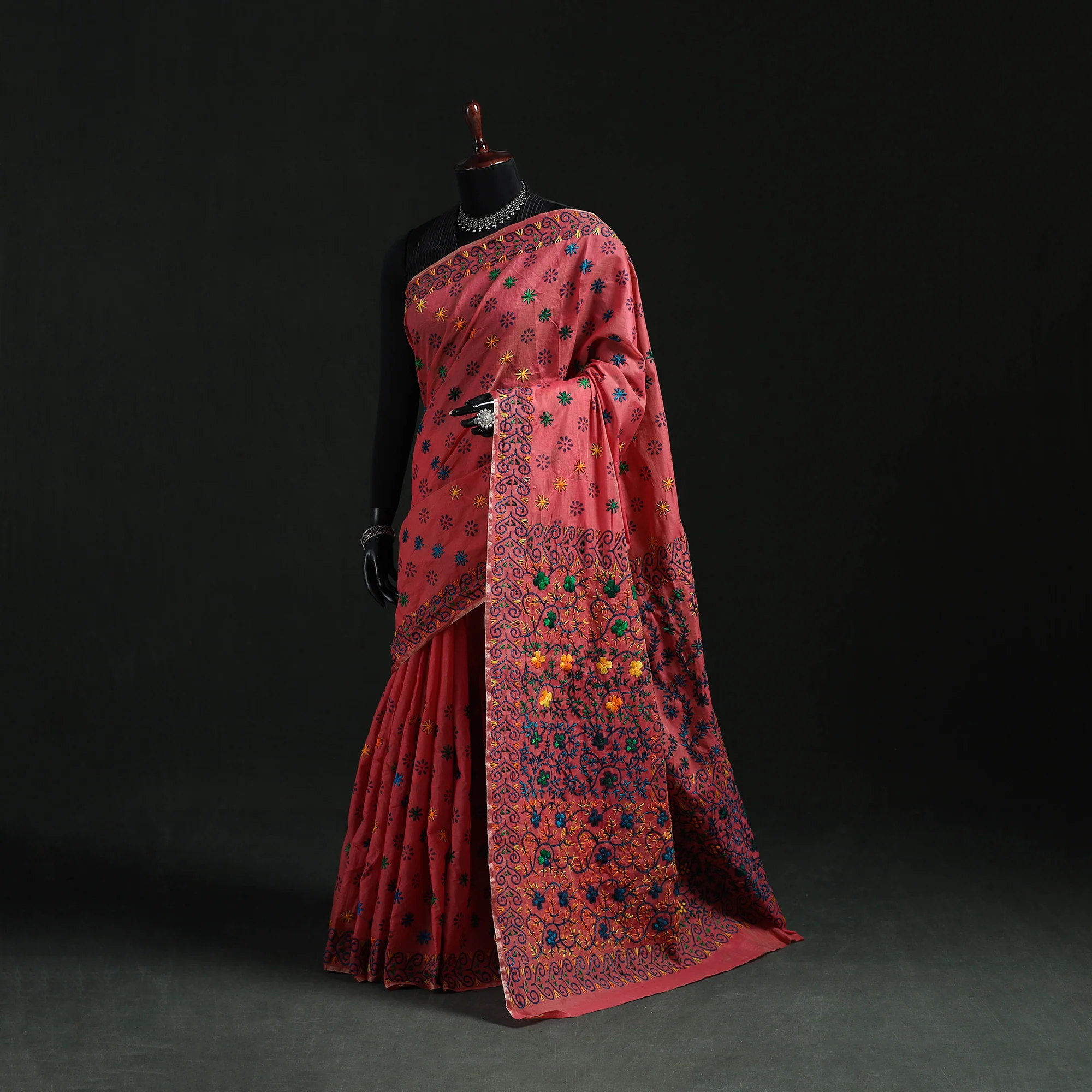 Pink - Bengal Kantha Hand Embroidery Silk Cotton Chapa Work Saree 76