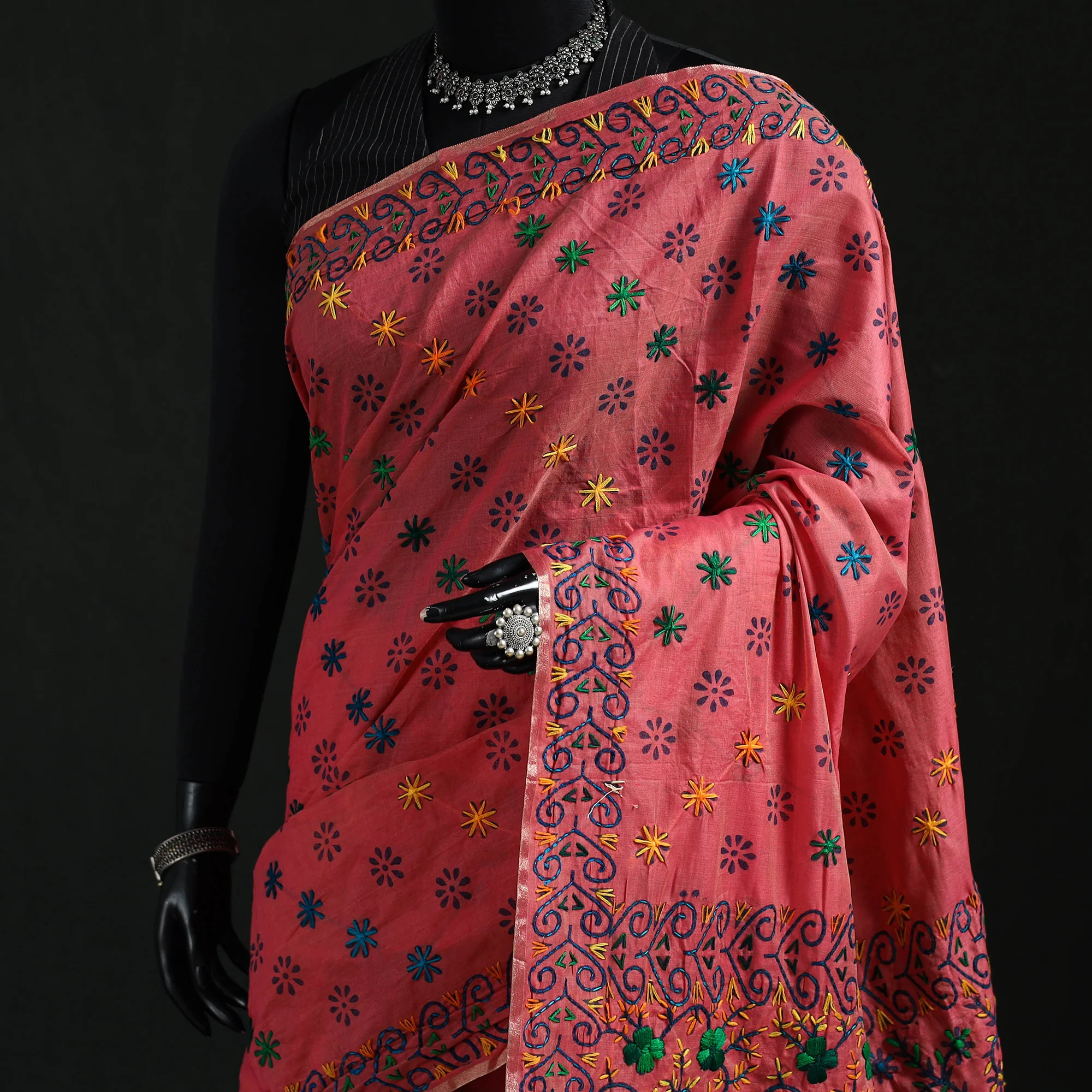 Pink - Bengal Kantha Hand Embroidery Silk Cotton Chapa Work Saree 76 - Image 2