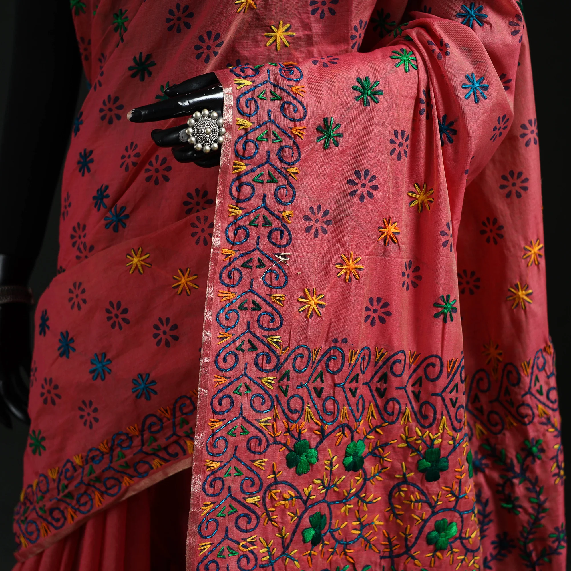 Pink - Bengal Kantha Hand Embroidery Silk Cotton Chapa Work Saree 76 - Image 3
