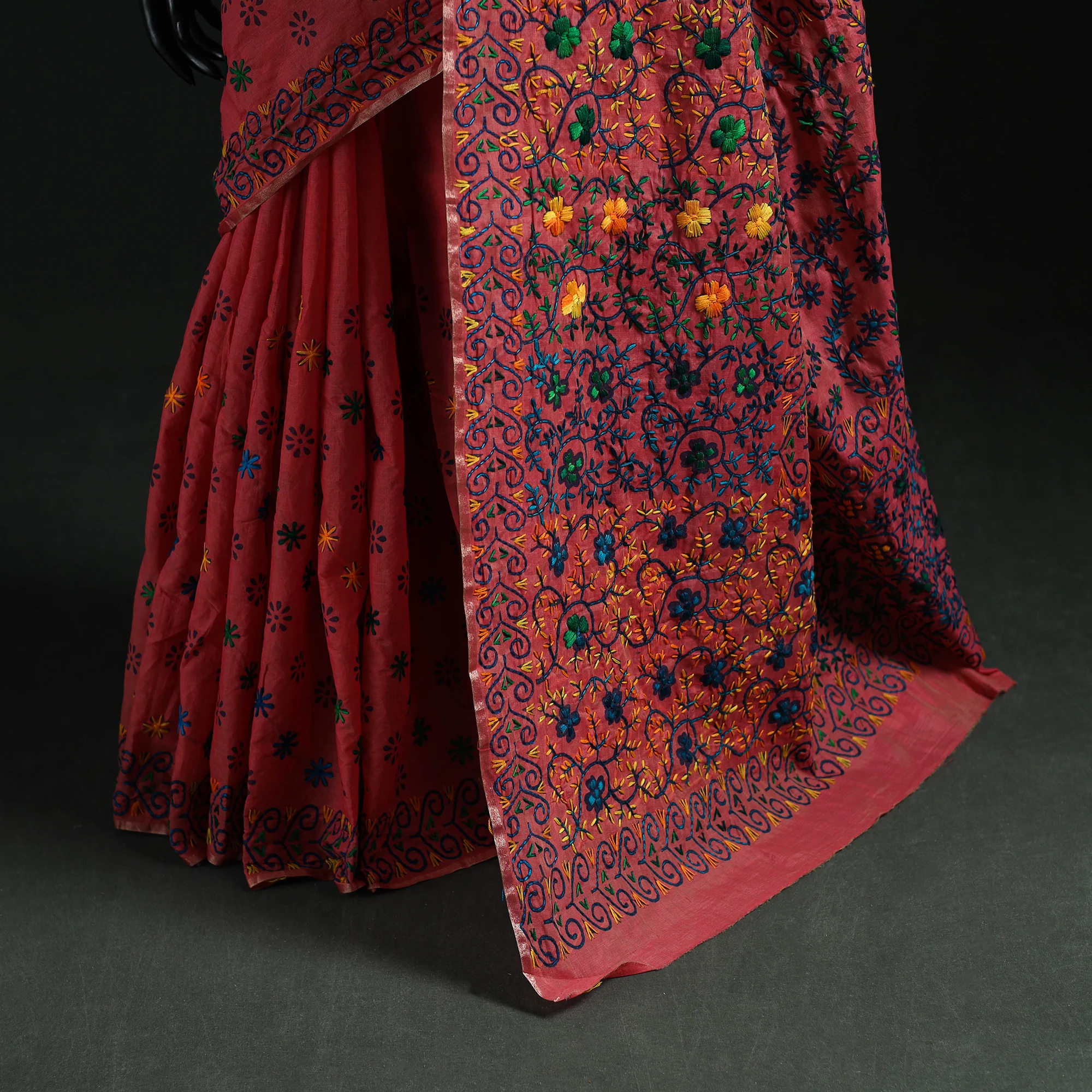 Pink - Bengal Kantha Hand Embroidery Silk Cotton Chapa Work Saree 76 - Image 4