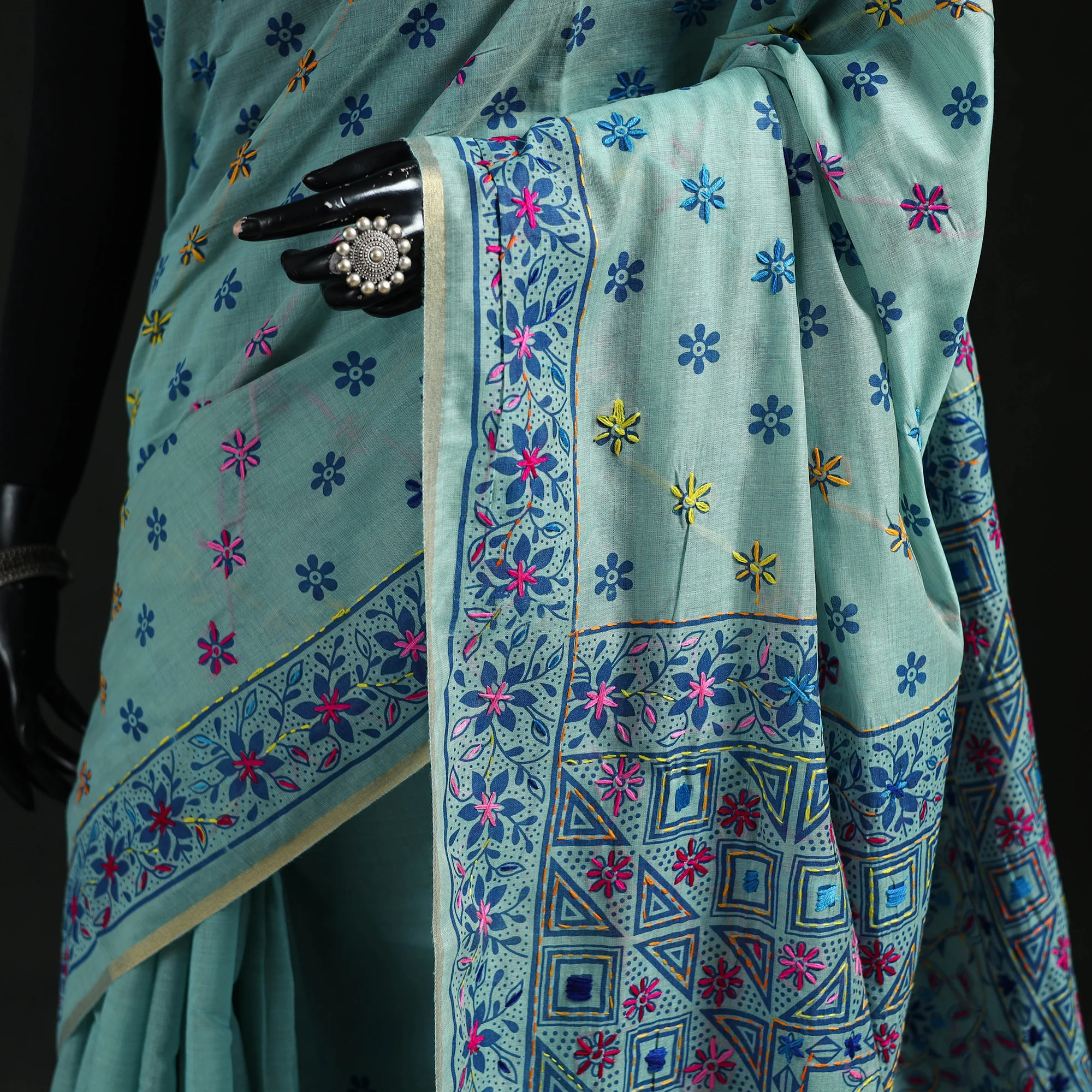 Blue - Bengal Kantha Hand Embroidery Silk Cotton Chapa Work Saree 77 - Image 3