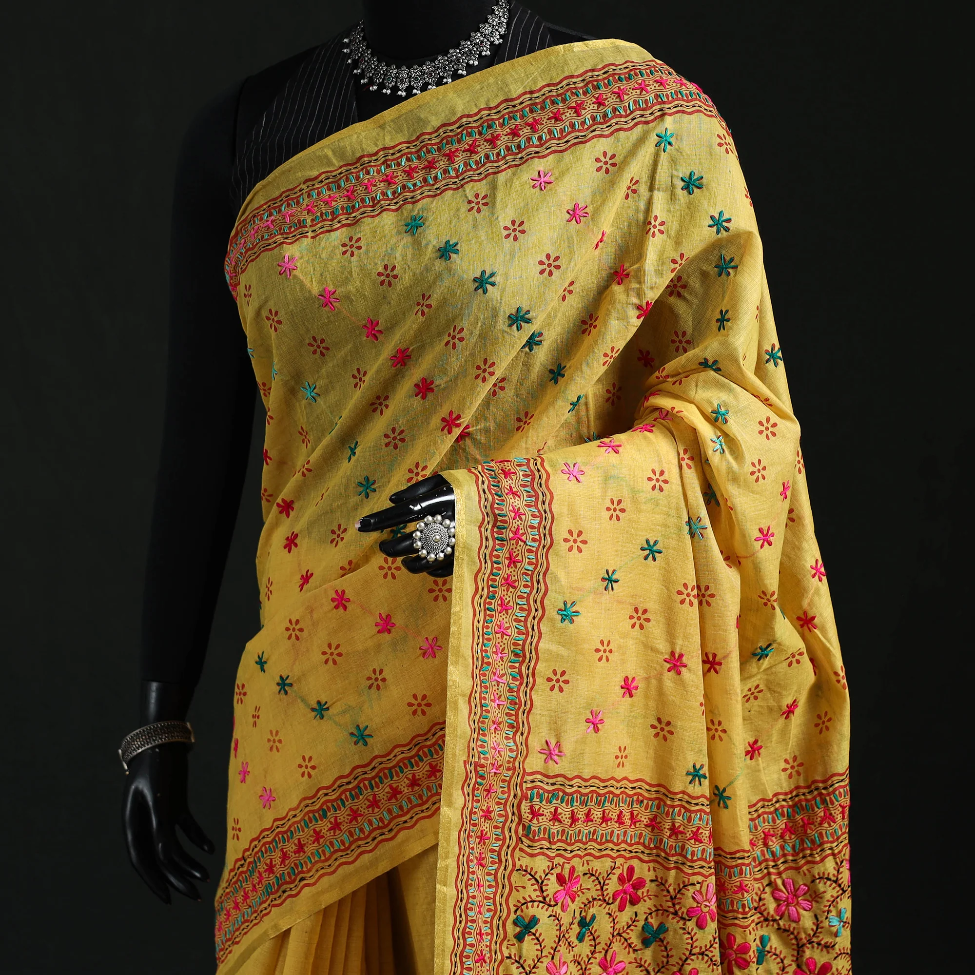 Yellow - Bengal Kantha Hand Embroidery Silk Cotton Chapa Work Saree 81 - Image 2