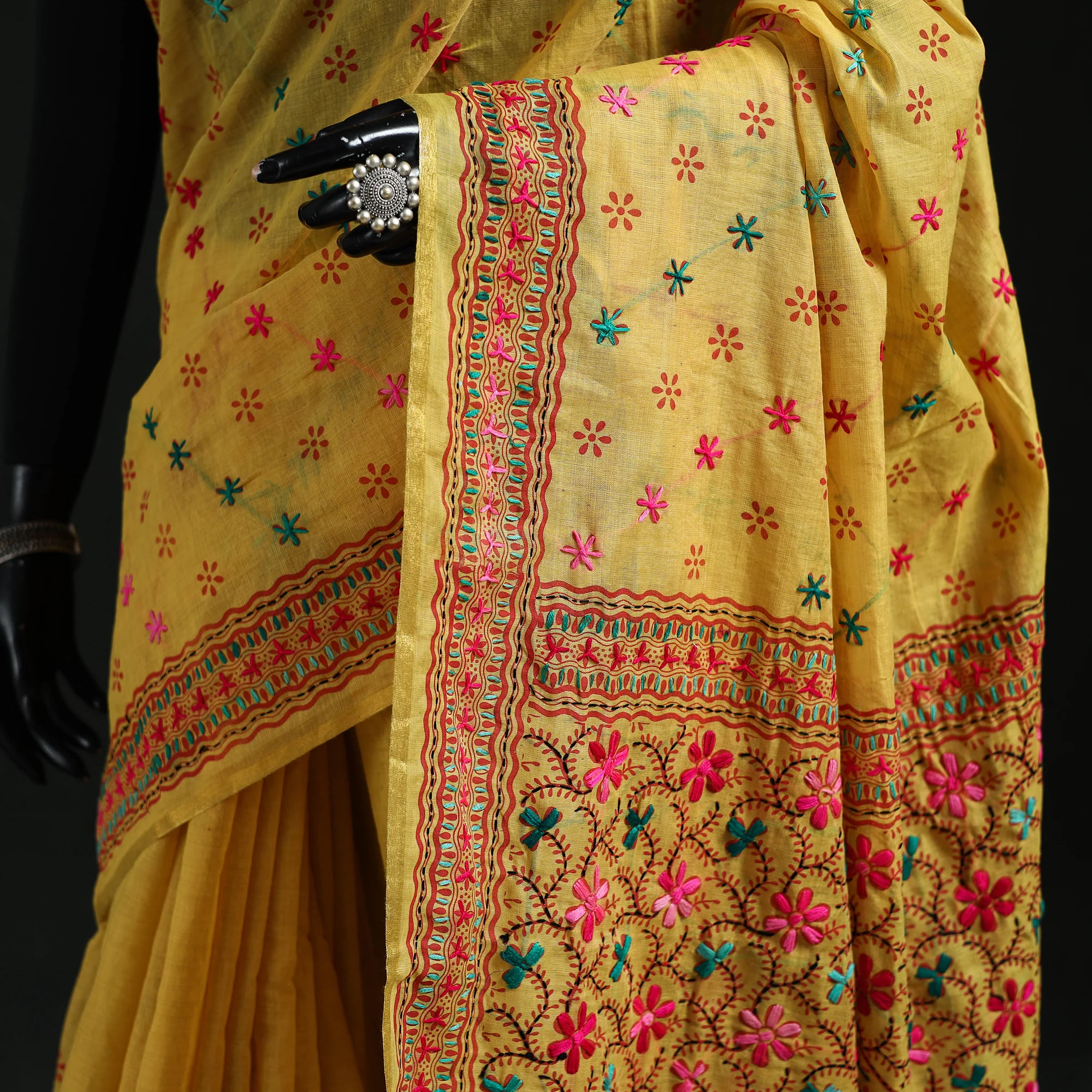 Yellow - Bengal Kantha Hand Embroidery Silk Cotton Chapa Work Saree 81 - Image 3