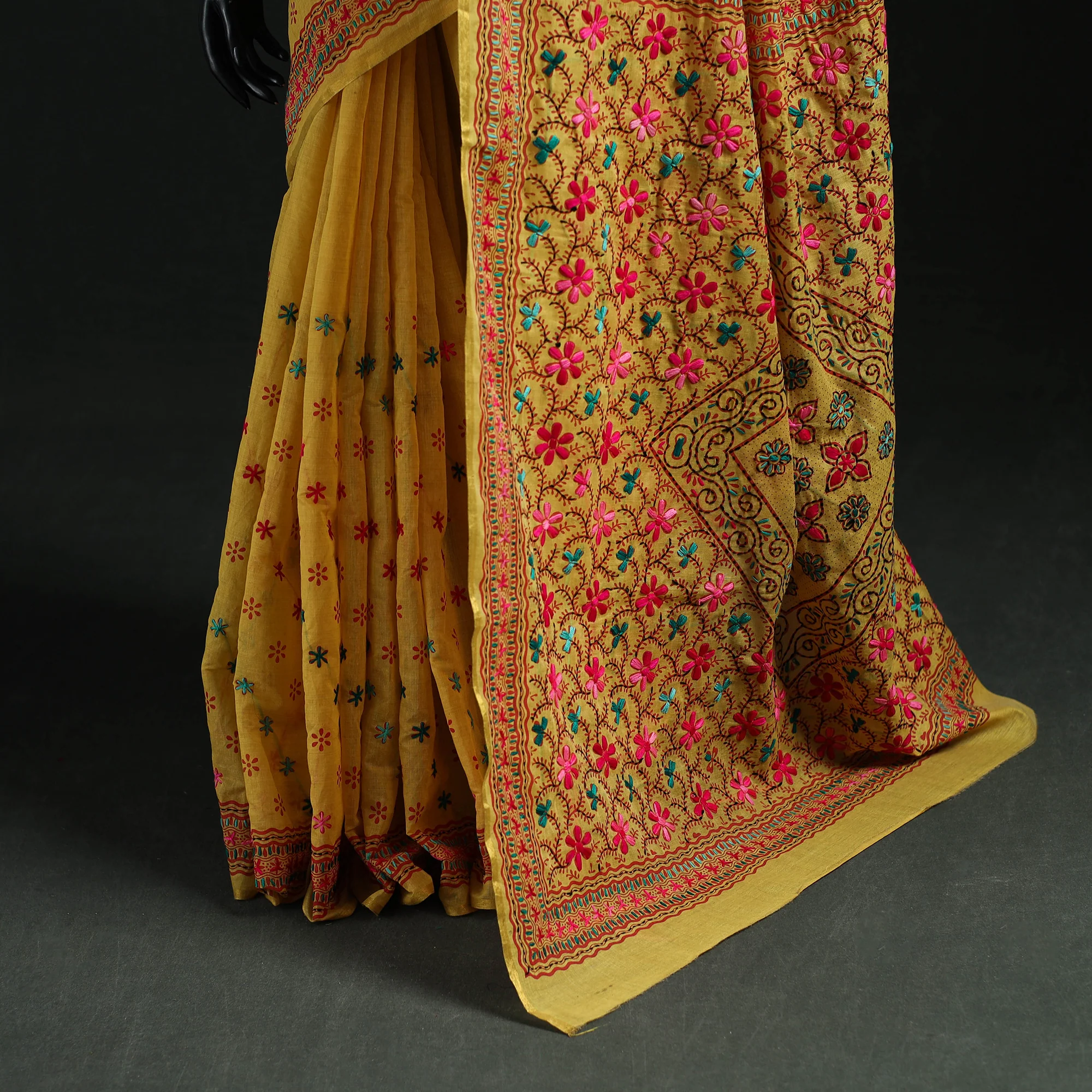 Yellow - Bengal Kantha Hand Embroidery Silk Cotton Chapa Work Saree 81 - Image 4