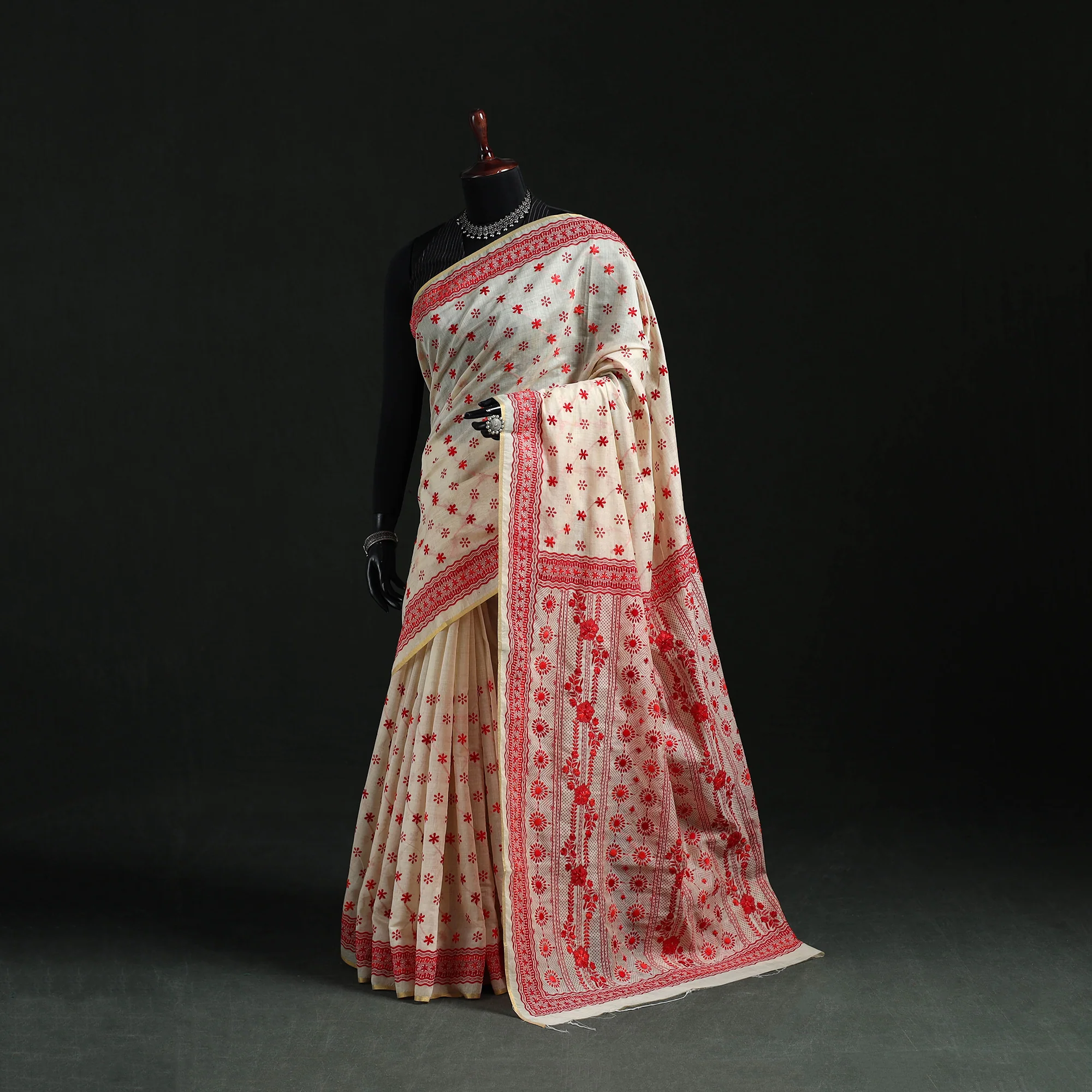 Beige - Bengal Kantha Hand Embroidery Silk Cotton Chapa Work Saree 83
