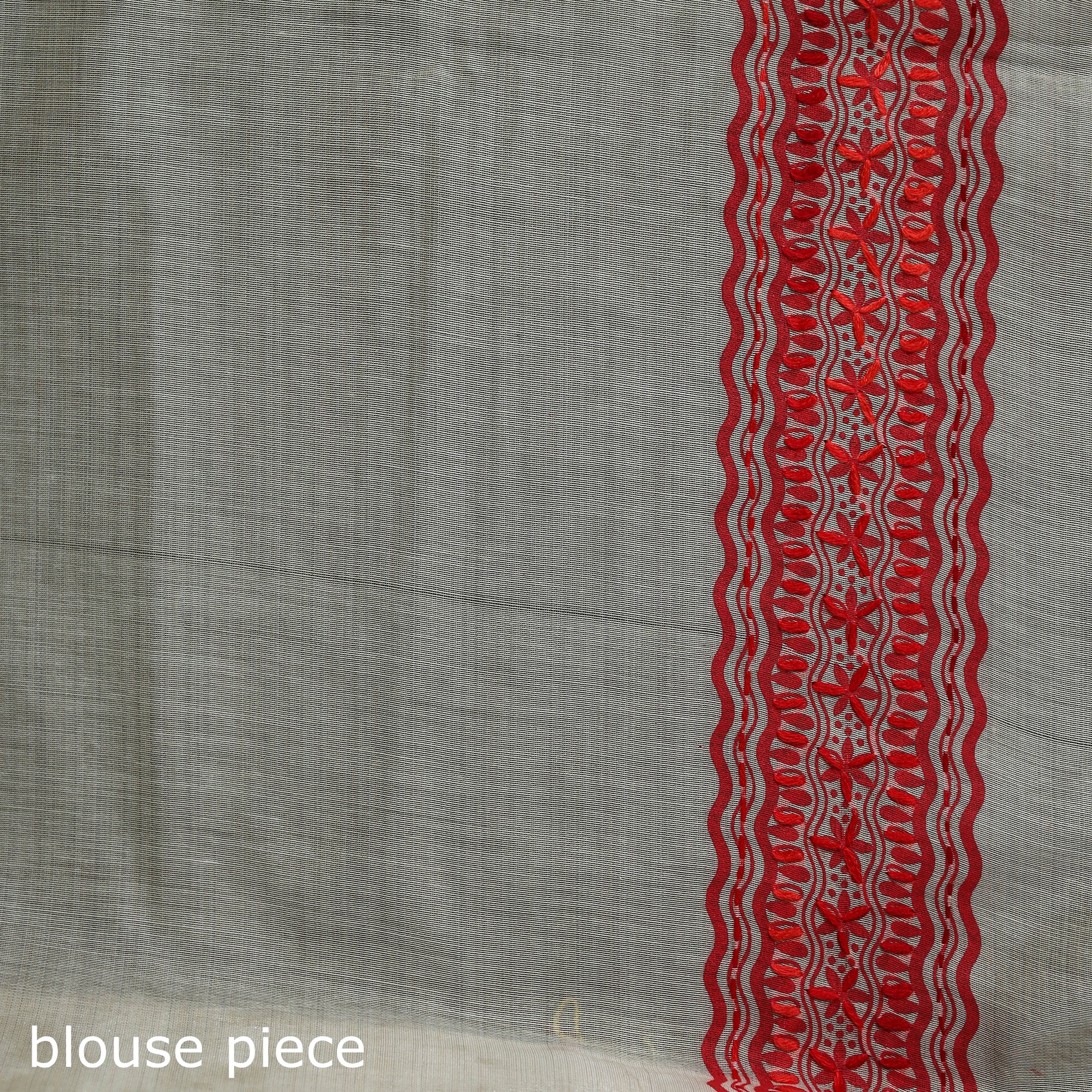 Beige - Bengal Kantha Hand Embroidery Silk Cotton Chapa Work Saree 83 - Image 5