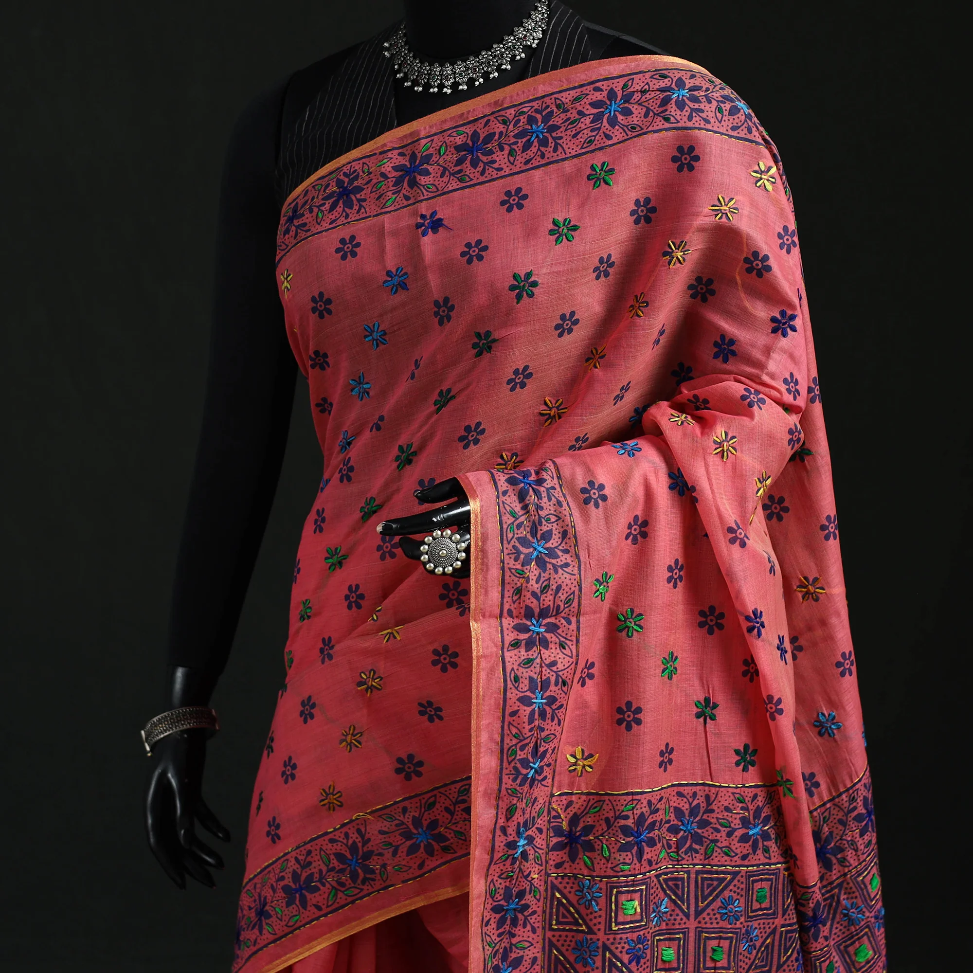 Pink - Bengal Kantha Hand Embroidery Silk Cotton Chapa Work Saree 86 - Image 2