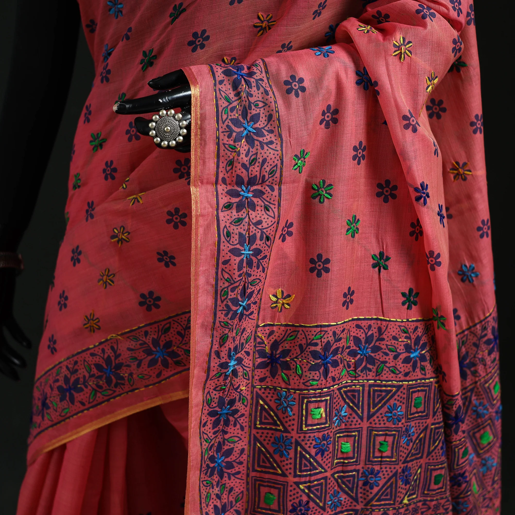 Pink - Bengal Kantha Hand Embroidery Silk Cotton Chapa Work Saree 86 - Image 3