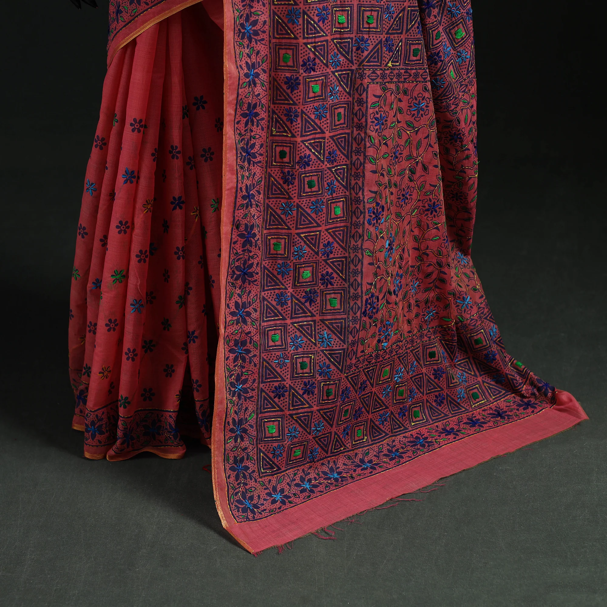 Pink - Bengal Kantha Hand Embroidery Silk Cotton Chapa Work Saree 86 - Image 4