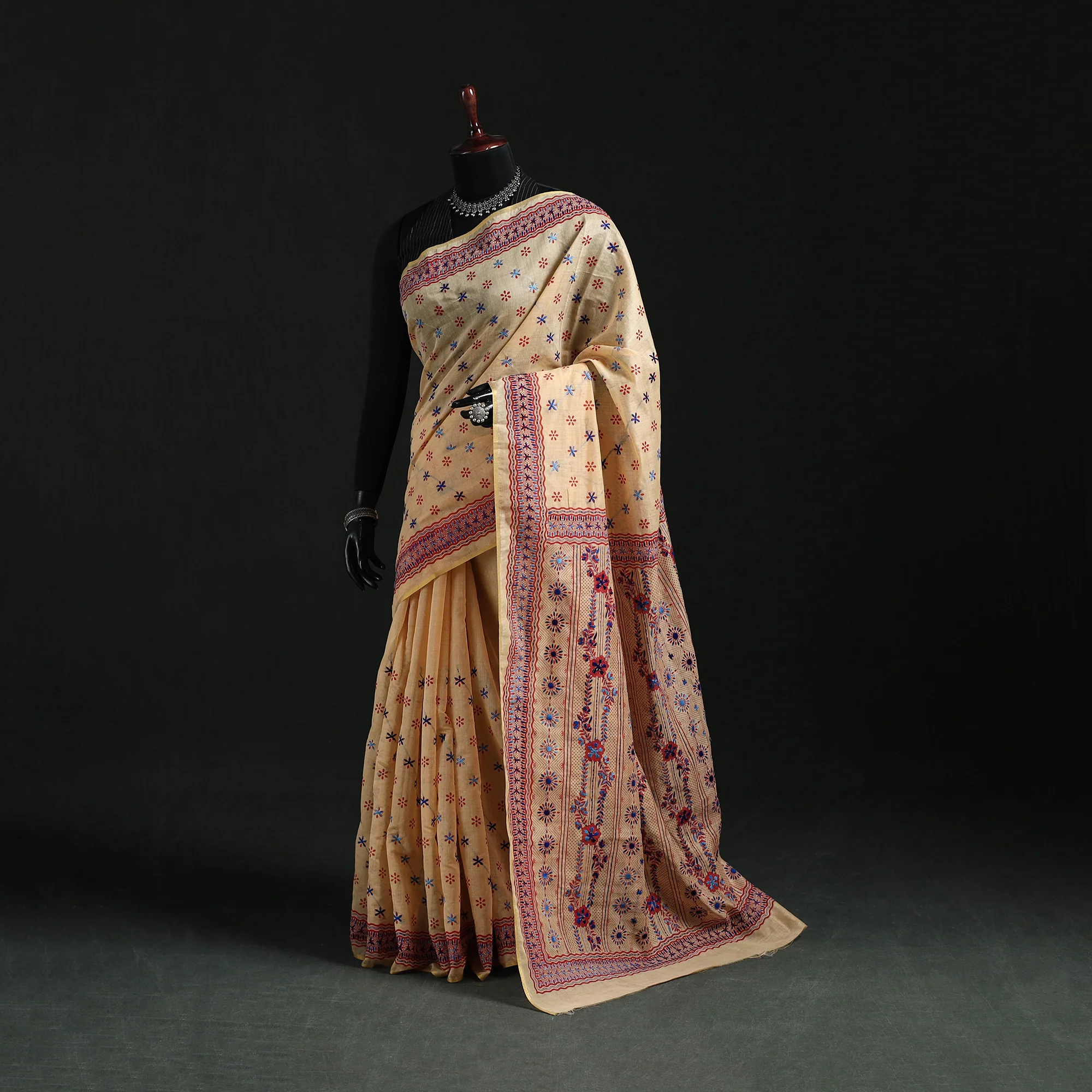 Beige - Bengal Kantha Hand Embroidery Silk Cotton Chapa Work Saree 87