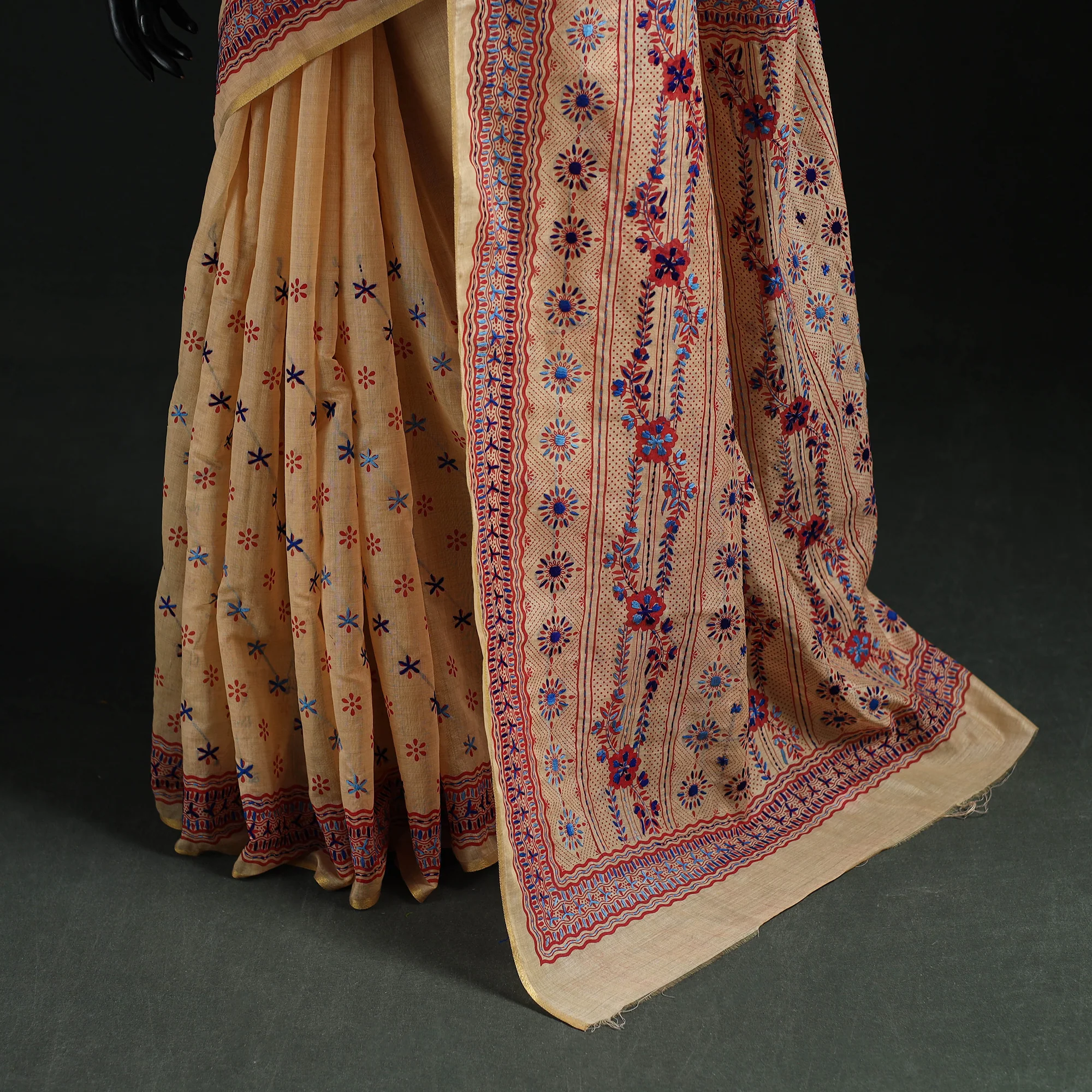 Beige - Bengal Kantha Hand Embroidery Silk Cotton Chapa Work Saree 87 - Image 4