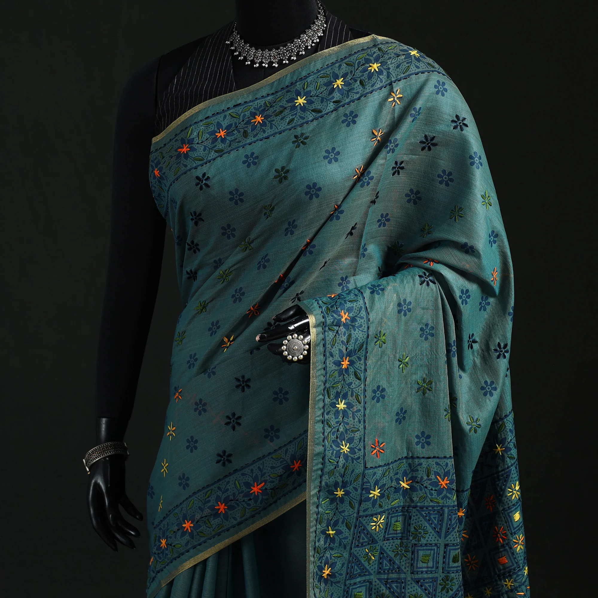 Blue - Bengal Kantha Hand Embroidery Silk Cotton Chapa Work Saree 88 - Image 2