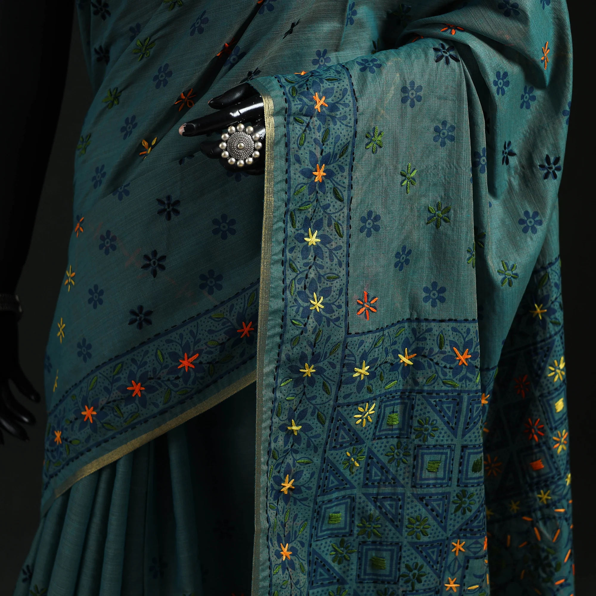 Blue - Bengal Kantha Hand Embroidery Silk Cotton Chapa Work Saree 88 - Image 3