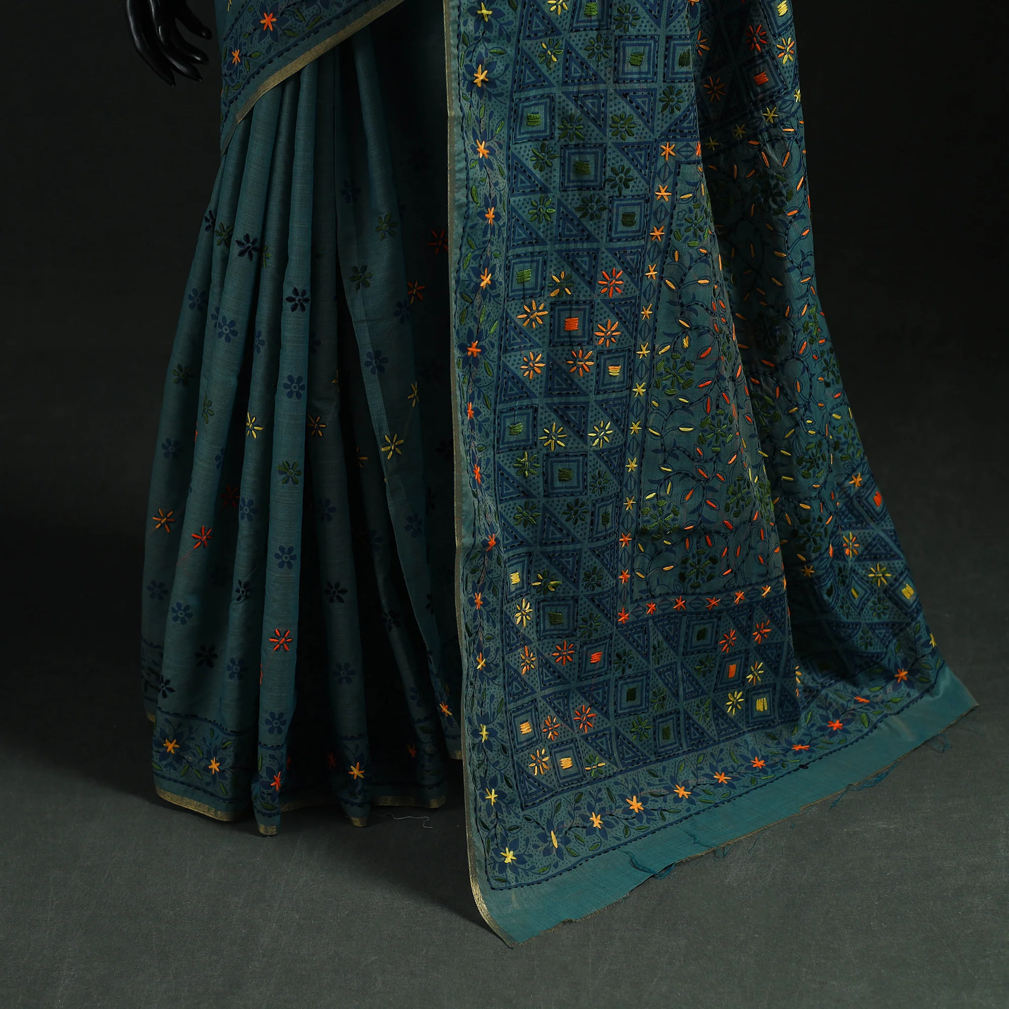 Blue - Bengal Kantha Hand Embroidery Silk Cotton Chapa Work Saree 88 - Image 4