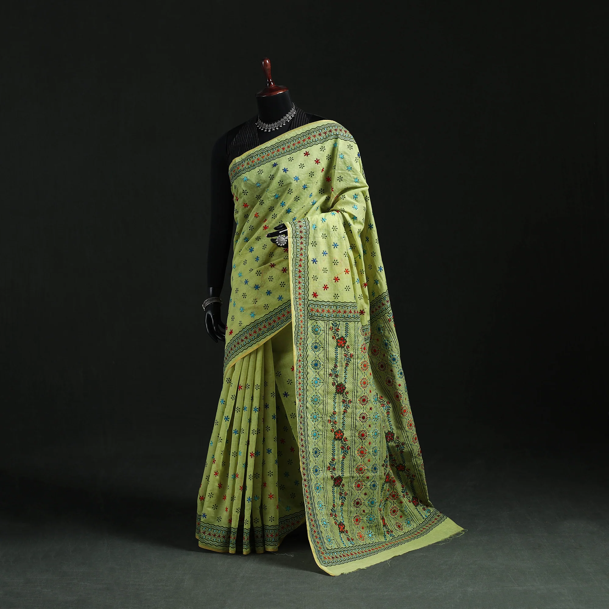 Green - Bengal Kantha Hand Embroidery Silk Cotton Chapa Work Saree 89