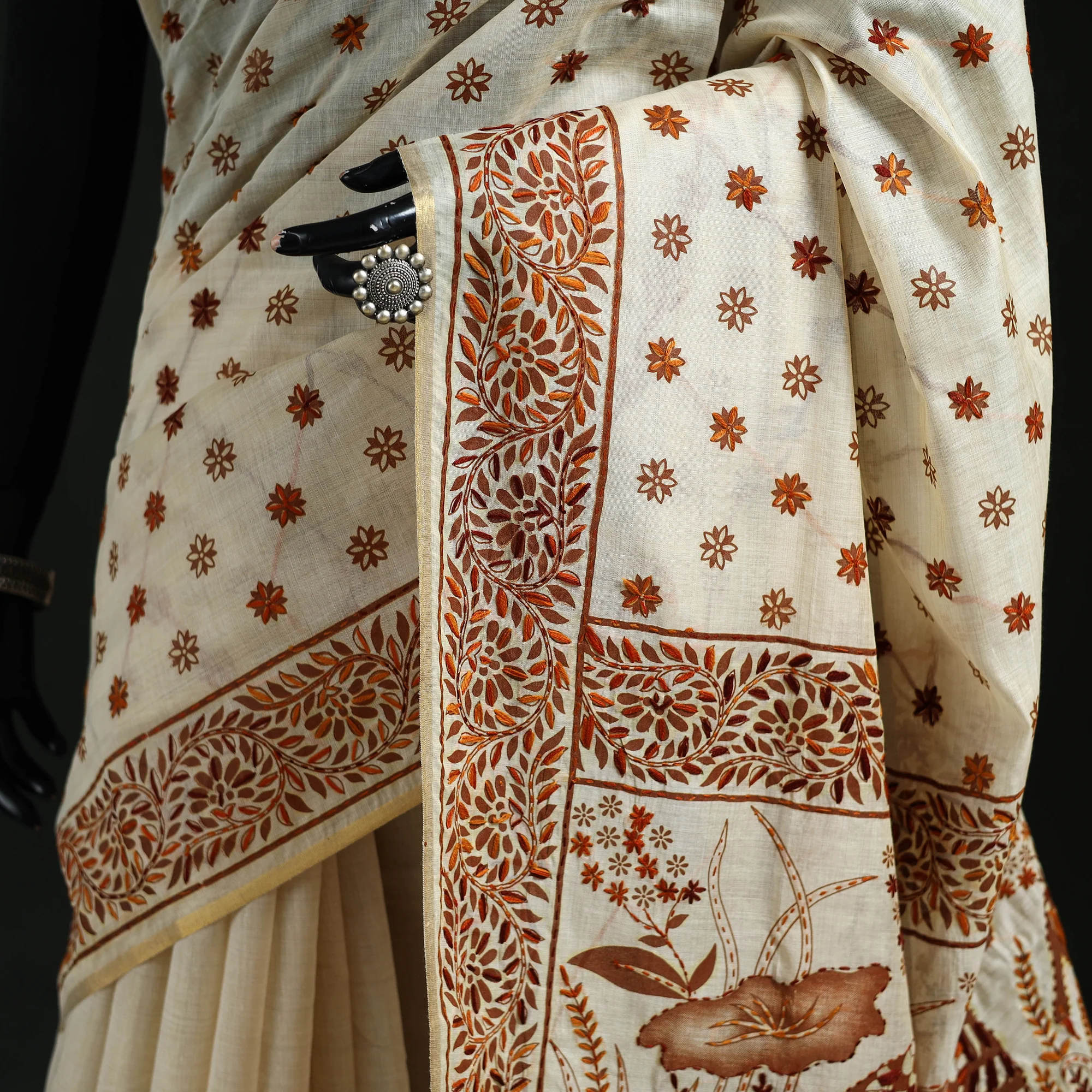 Brown - Bengal Kantha Hand Embroidery Silk Cotton Chapa Work Saree 90 - Image 3