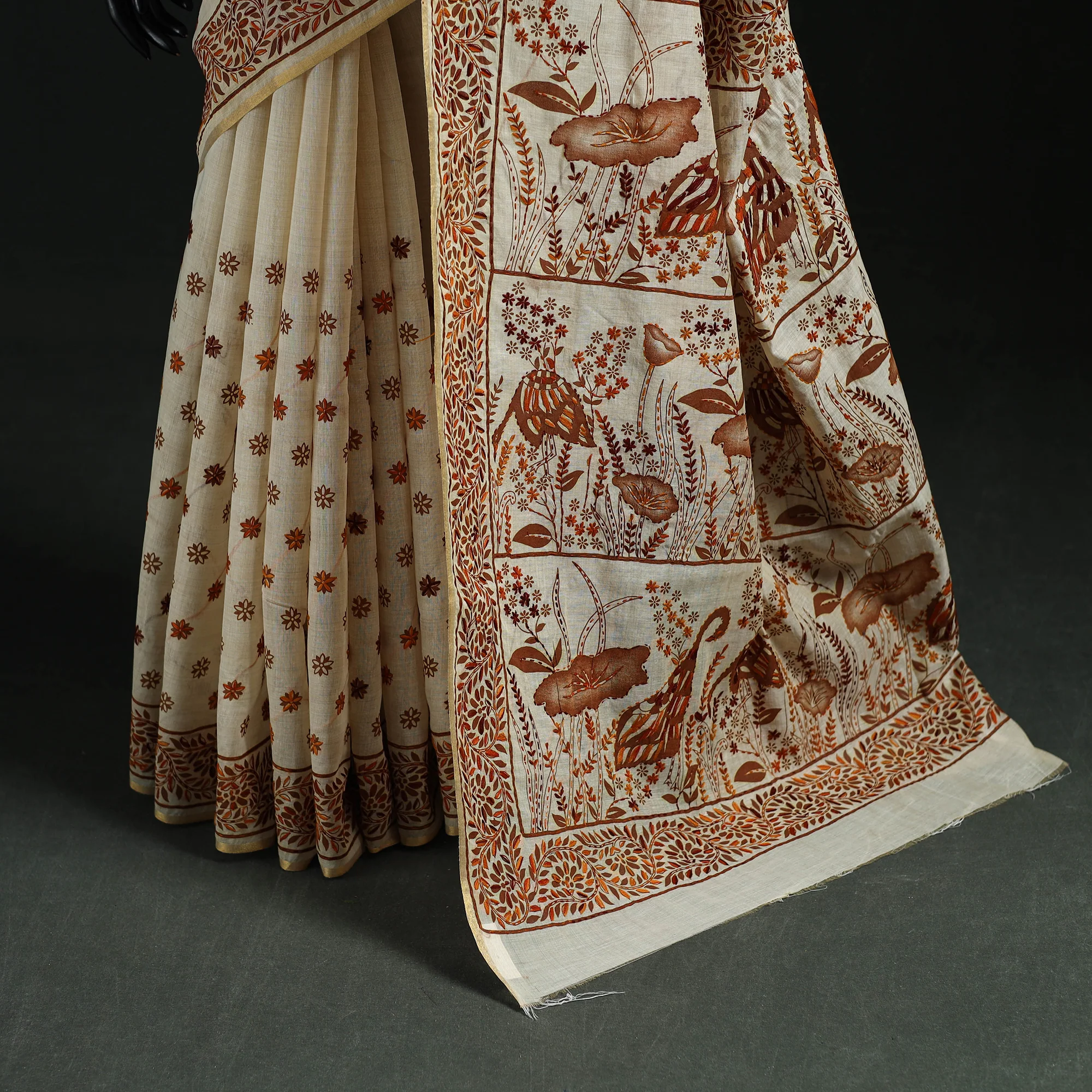 Brown - Bengal Kantha Hand Embroidery Silk Cotton Chapa Work Saree 90 - Image 4