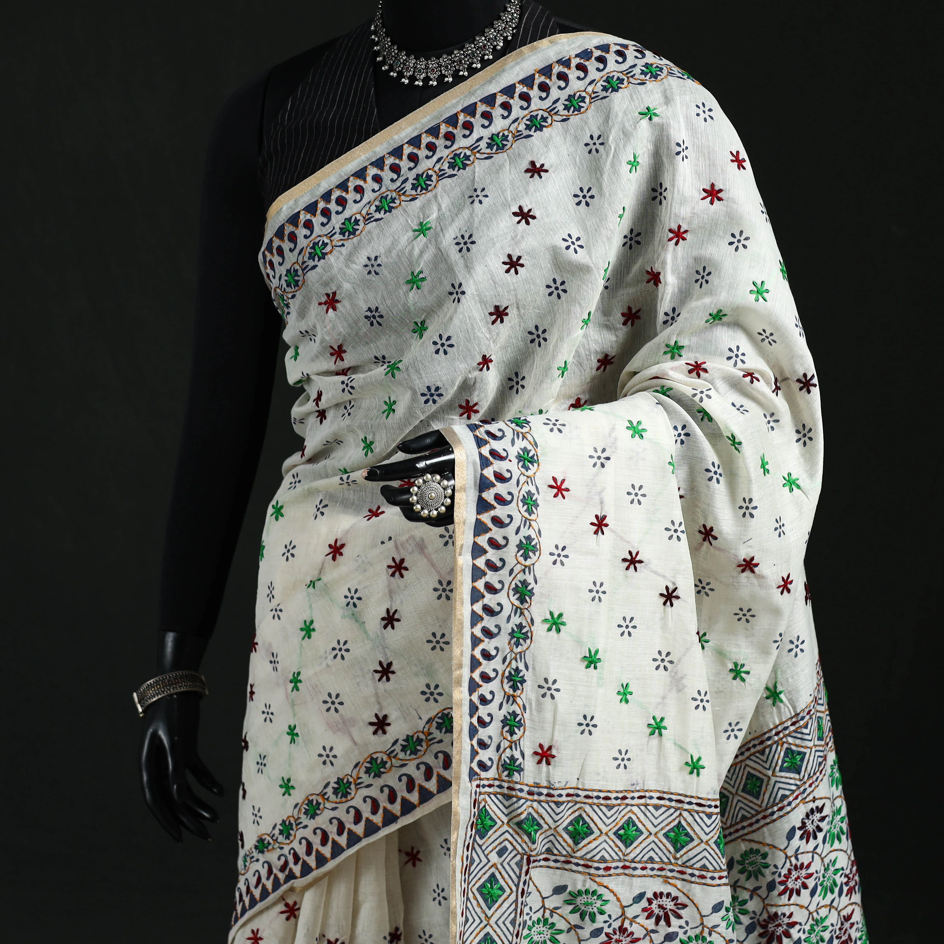 Gray - Bengal Kantha Hand Embroidery Silk Cotton Chapa Work Saree 91 - Image 2