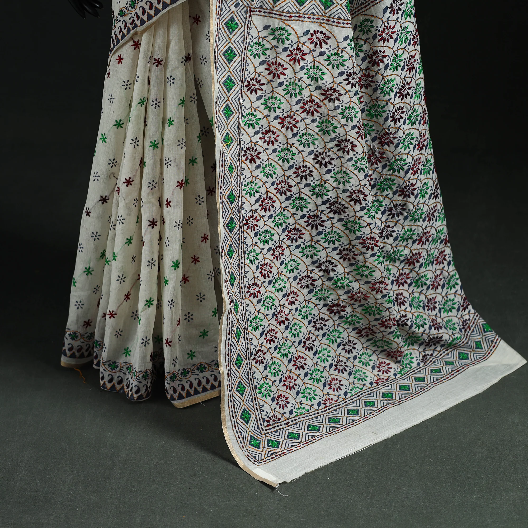 Gray - Bengal Kantha Hand Embroidery Silk Cotton Chapa Work Saree 91 - Image 4