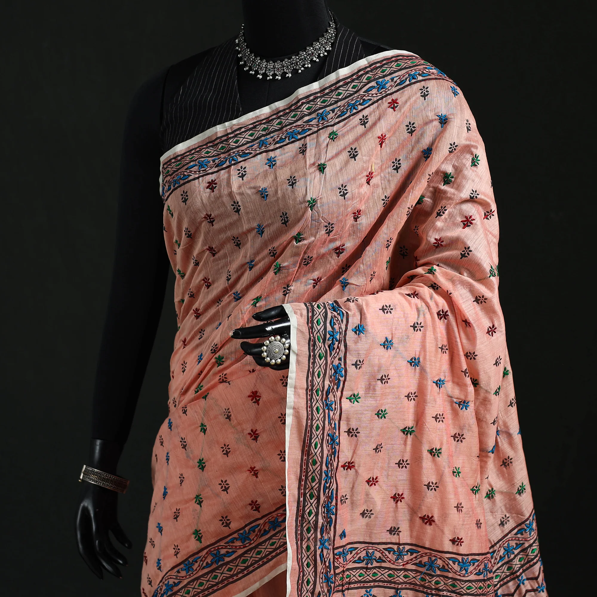 Peach - Bengal Kantha Hand Embroidery Silk Cotton Chapa Work Saree 94 - Image 2