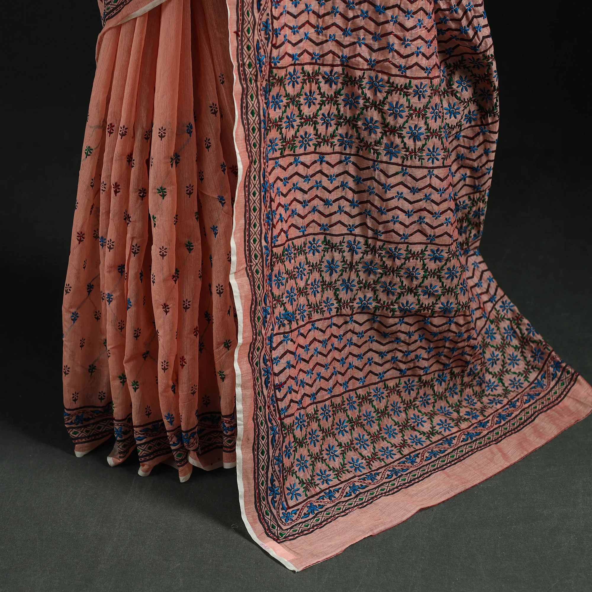 Peach - Bengal Kantha Hand Embroidery Silk Cotton Chapa Work Saree 94 - Image 4