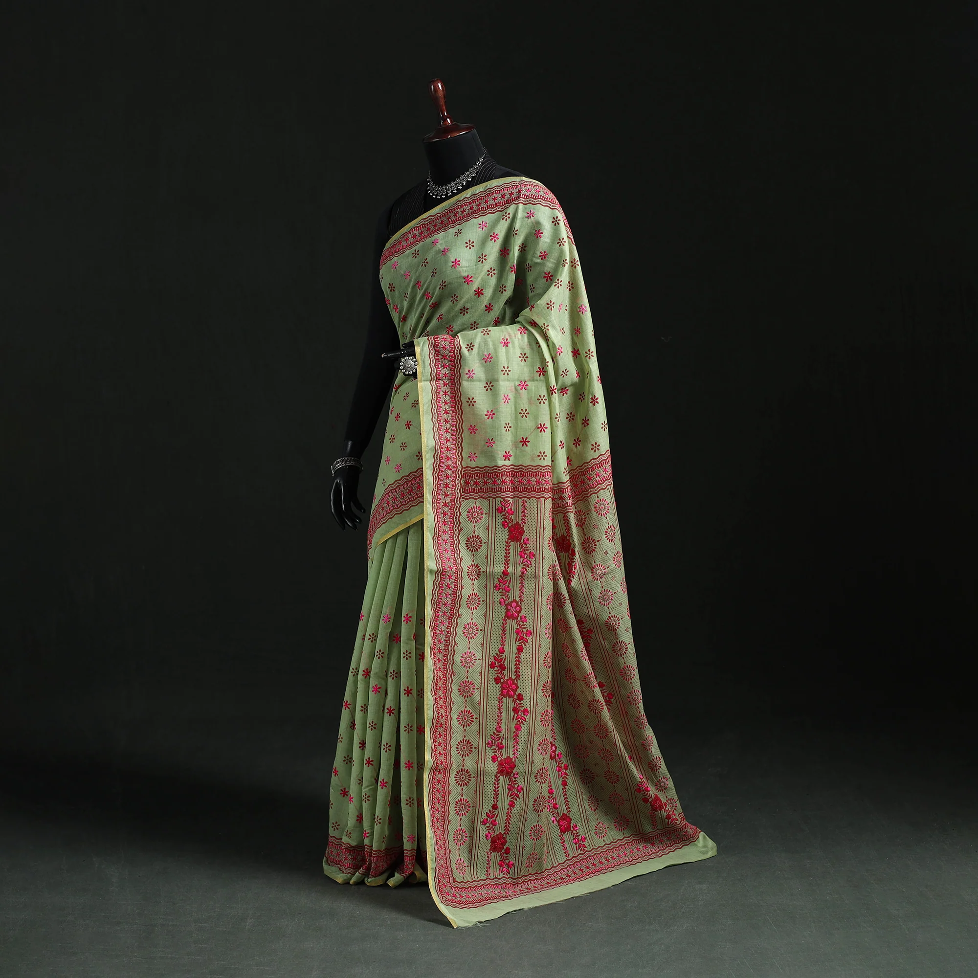 Green - Bengal Kantha Hand Embroidery Silk Cotton Chapa Work Saree 95