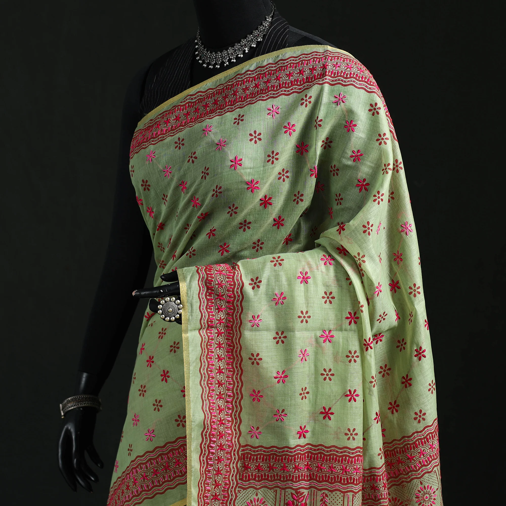 Green - Bengal Kantha Hand Embroidery Silk Cotton Chapa Work Saree 95 - Image 2
