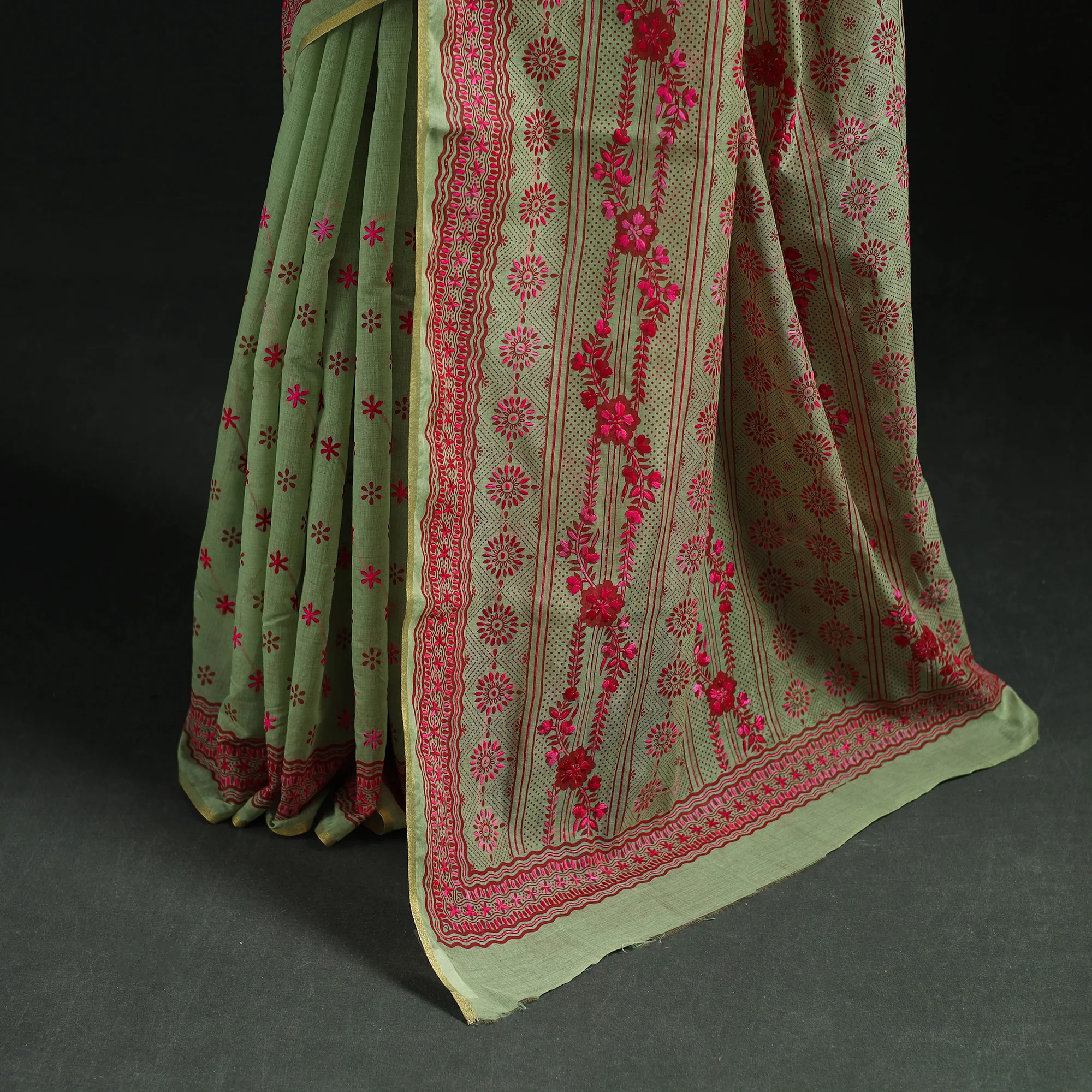 Green - Bengal Kantha Hand Embroidery Silk Cotton Chapa Work Saree 95 - Image 4