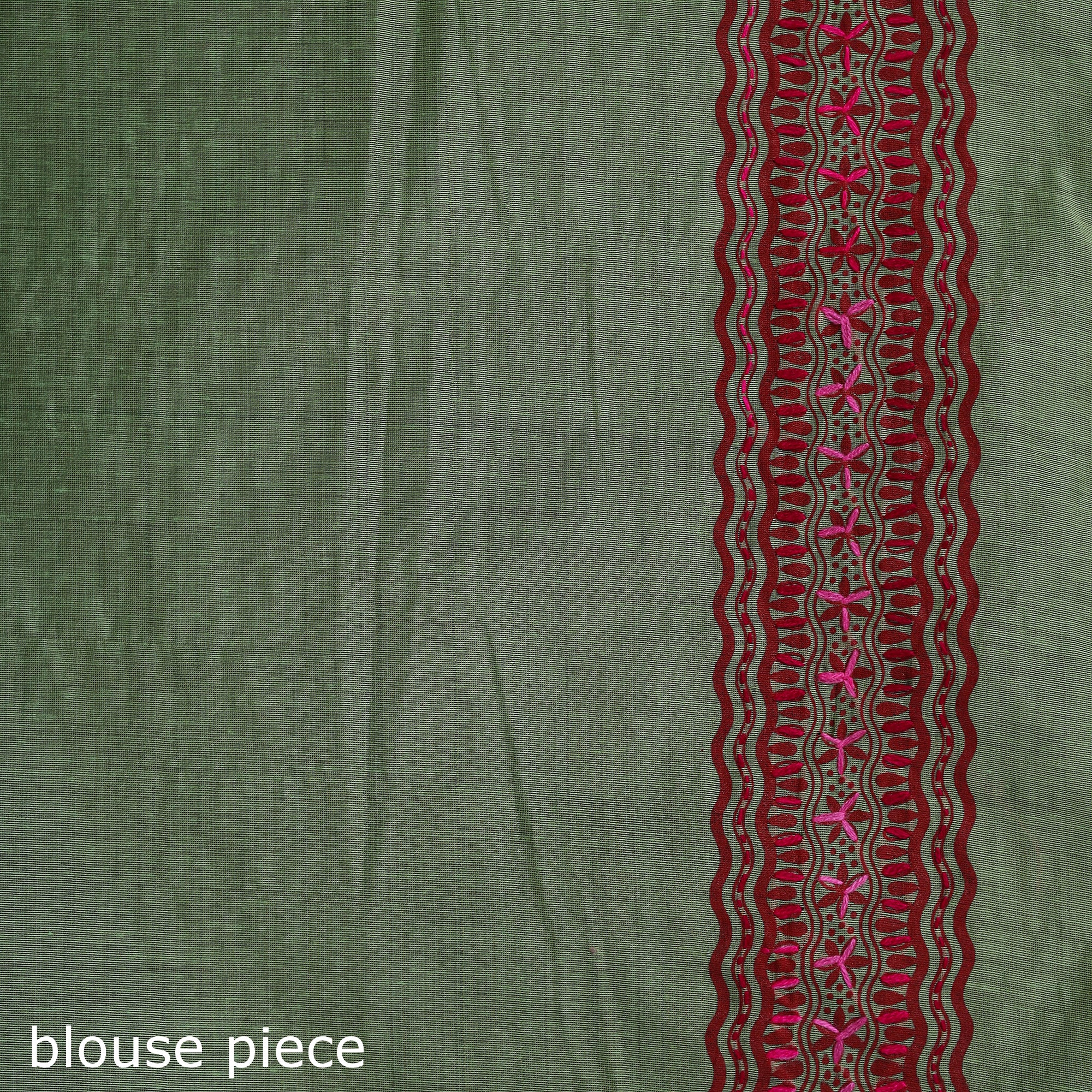 Green - Bengal Kantha Hand Embroidery Silk Cotton Chapa Work Saree 95 - Image 5