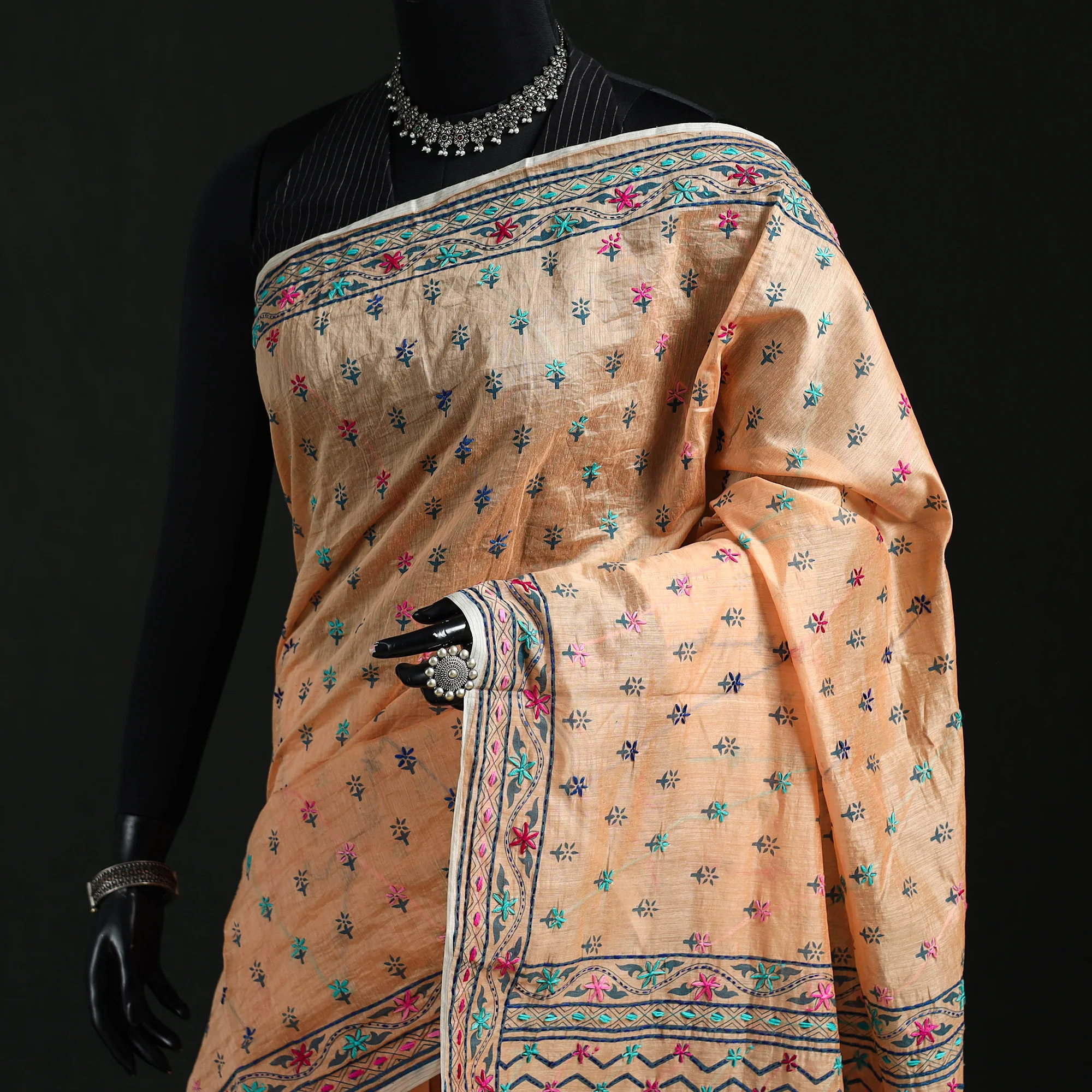 Beige - Bengal Kantha Hand Embroidery Silk Cotton Chapa Work Saree 98 - Image 2