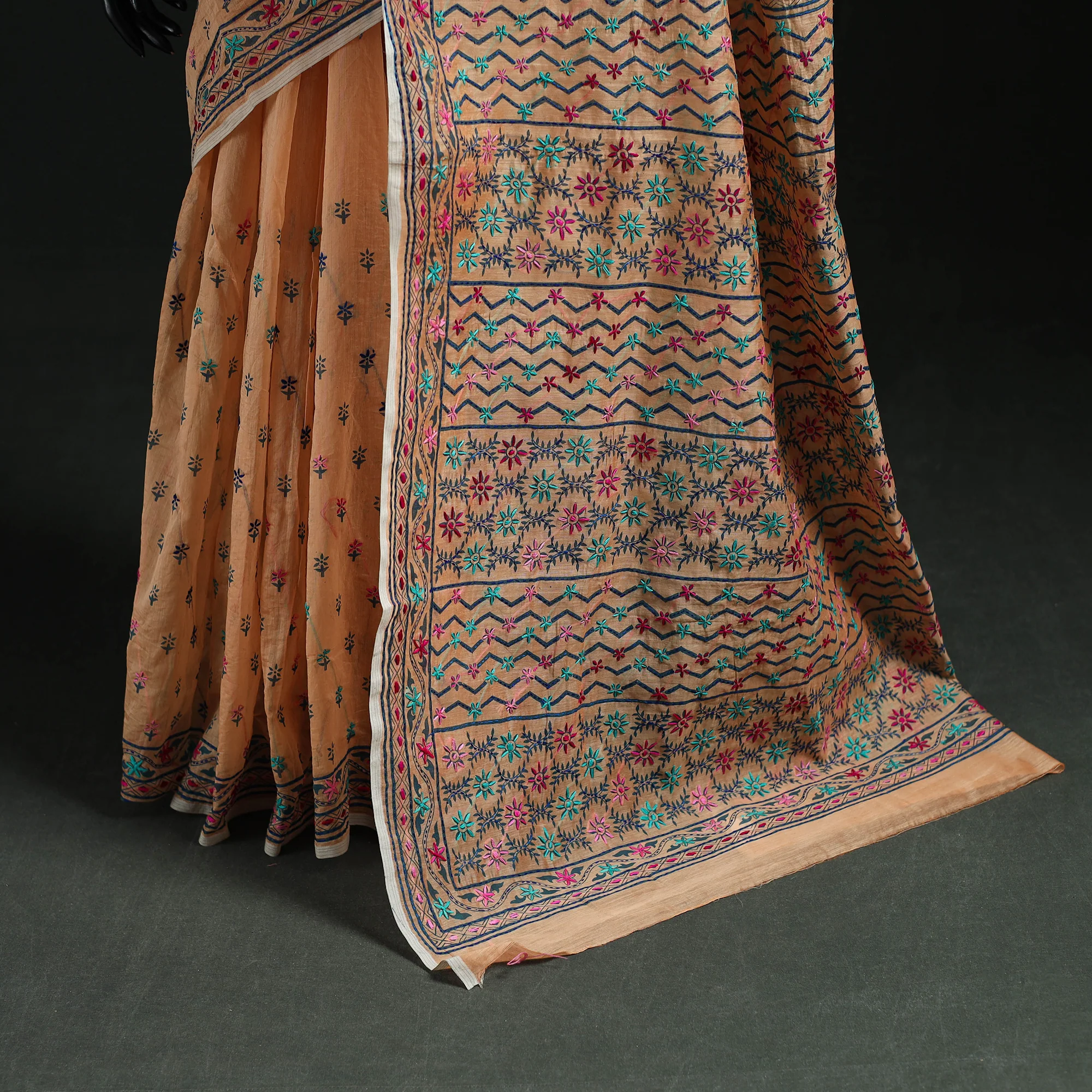 Beige - Bengal Kantha Hand Embroidery Silk Cotton Chapa Work Saree 98 - Image 4