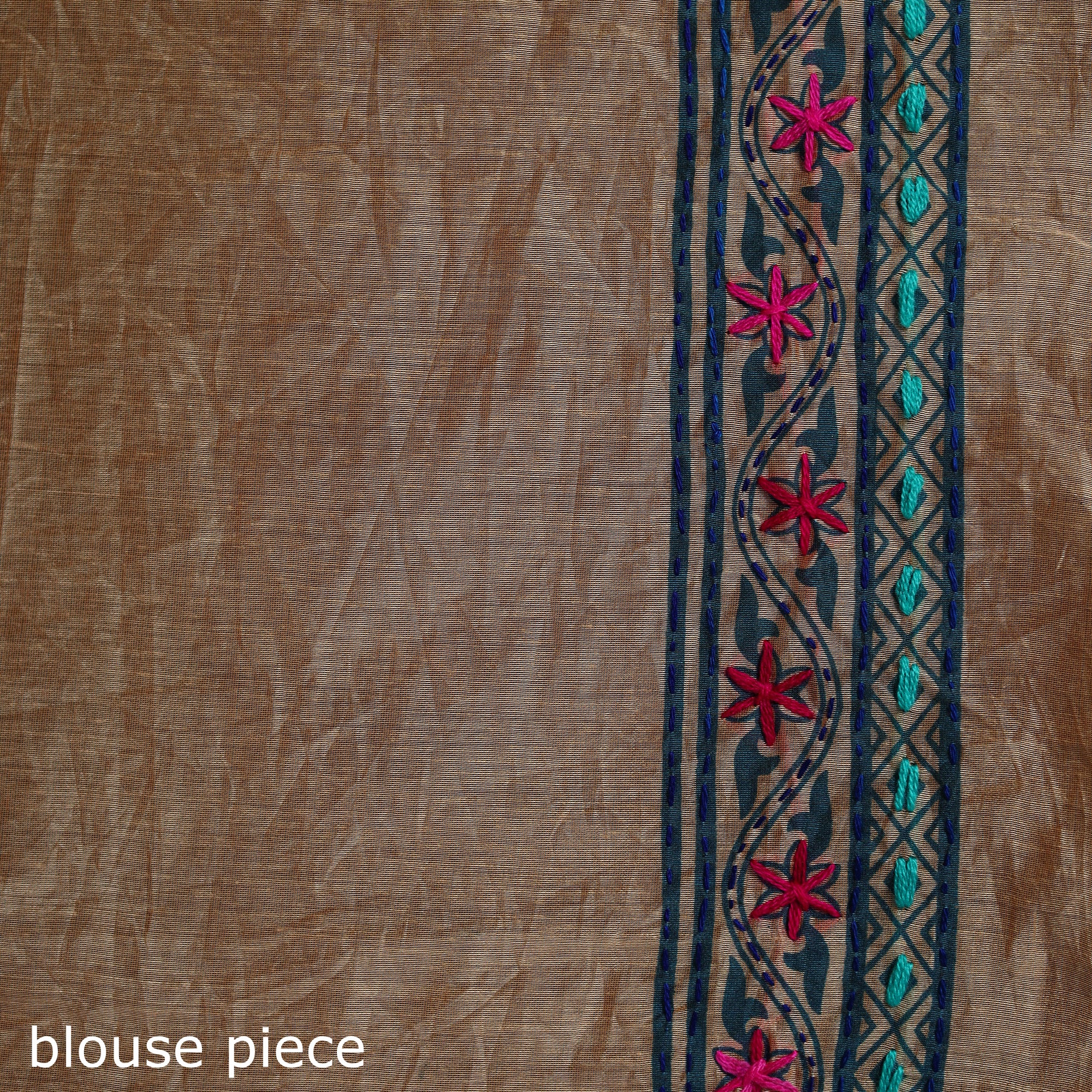 Beige - Bengal Kantha Hand Embroidery Silk Cotton Chapa Work Saree 98 - Image 5