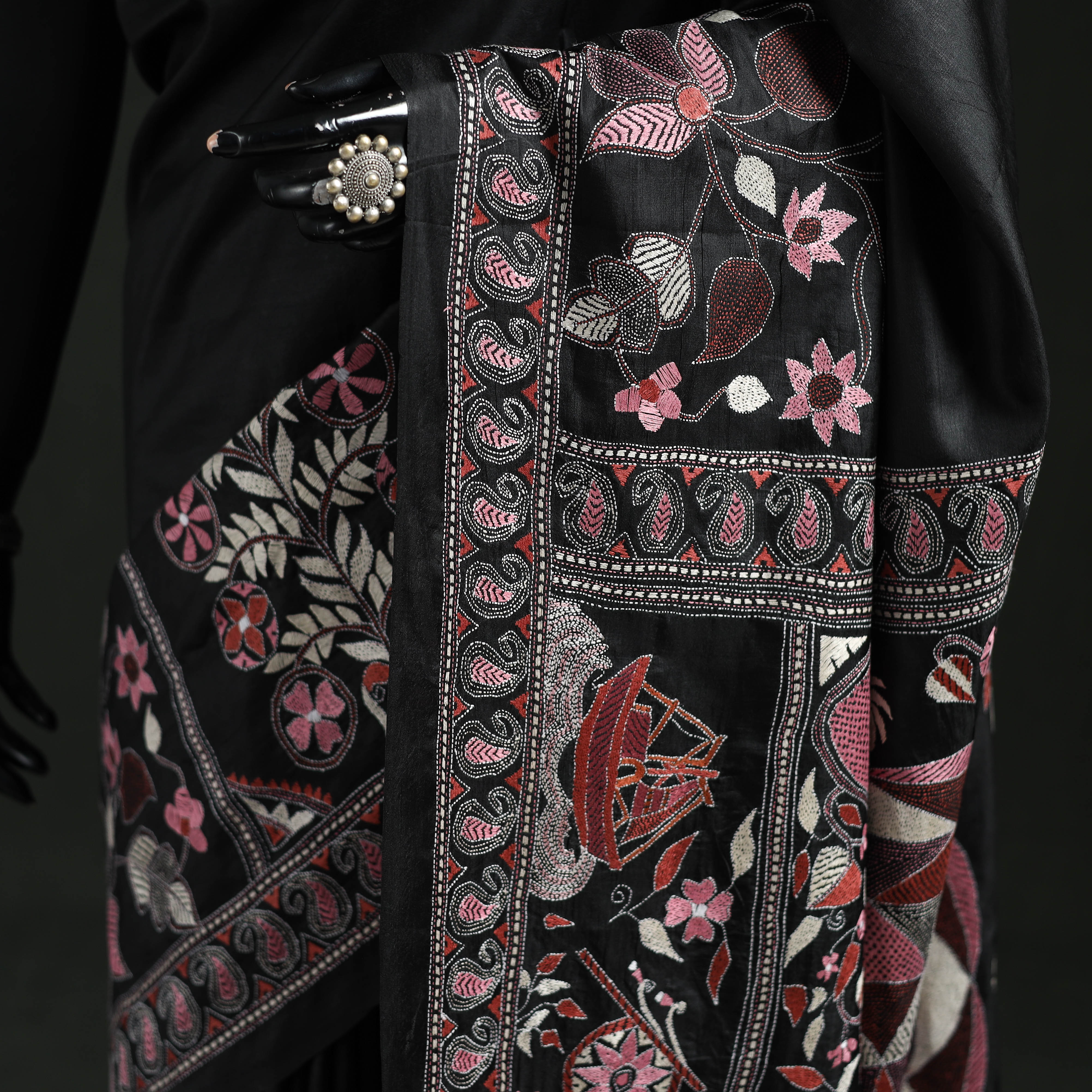 Black - Bengal Kantha Heavy Hand Embroidered Pure Silk Saree 09 - Image 3