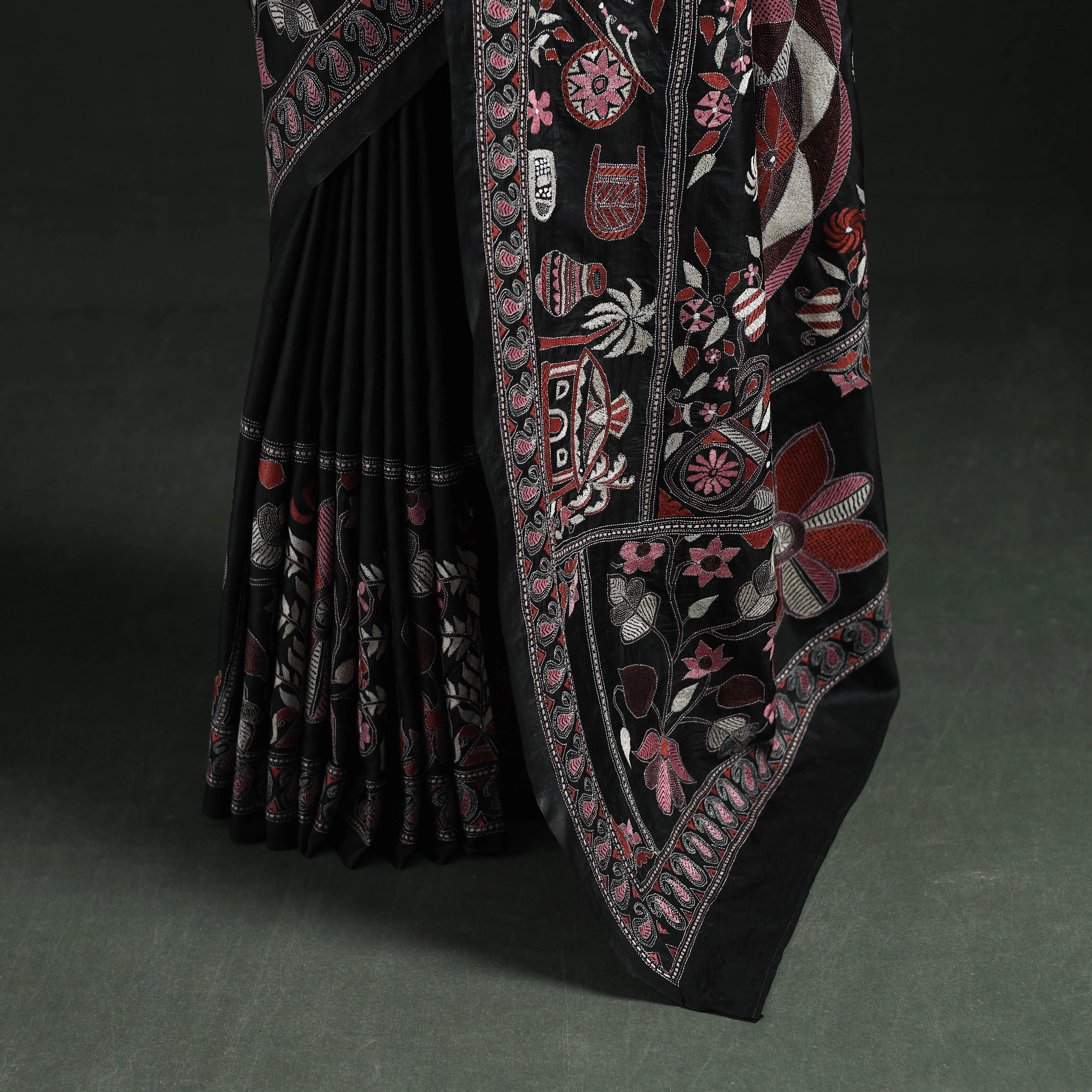 Black - Bengal Kantha Heavy Hand Embroidered Pure Silk Saree 09 - Image 4