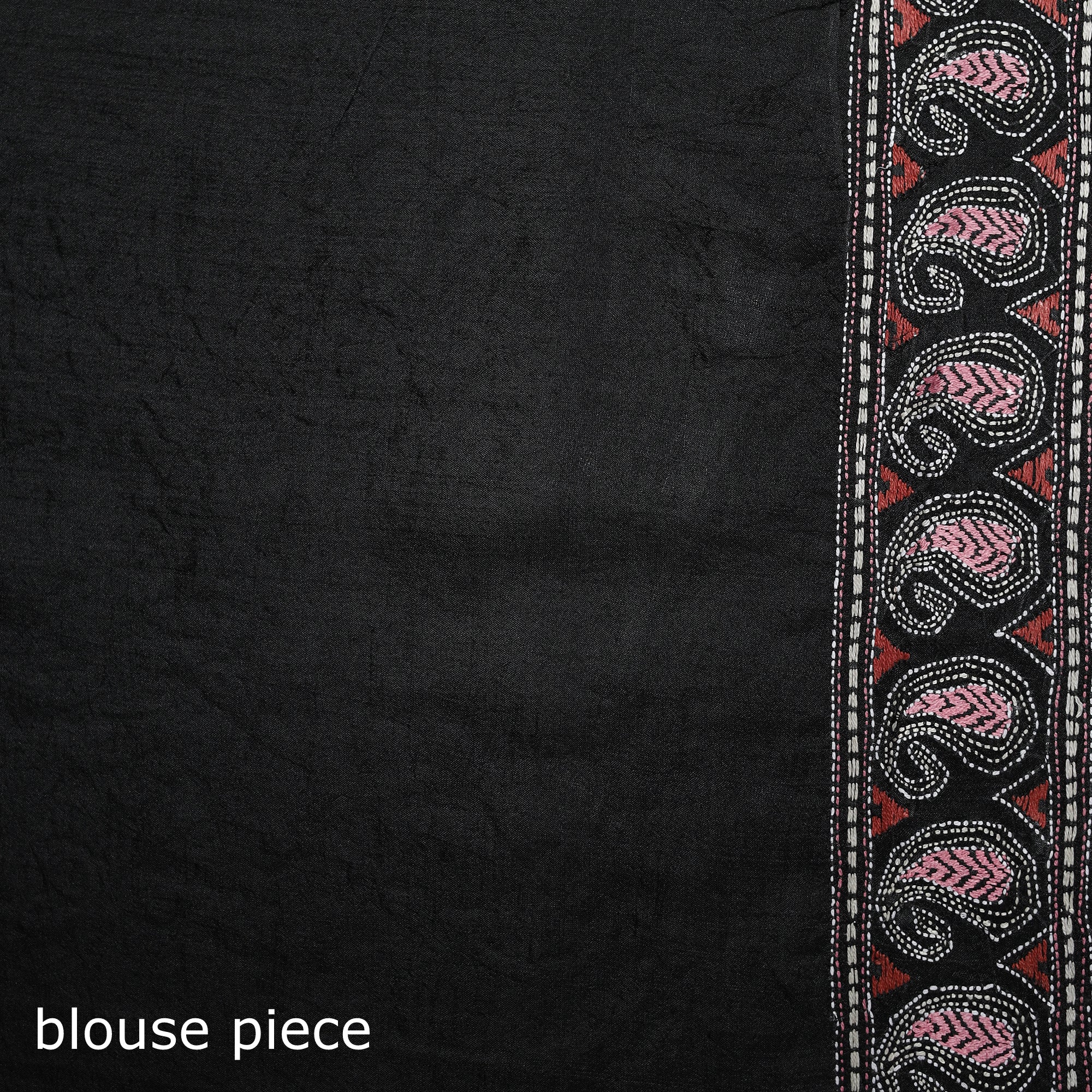 Black - Bengal Kantha Heavy Hand Embroidered Pure Silk Saree 09 - Image 5