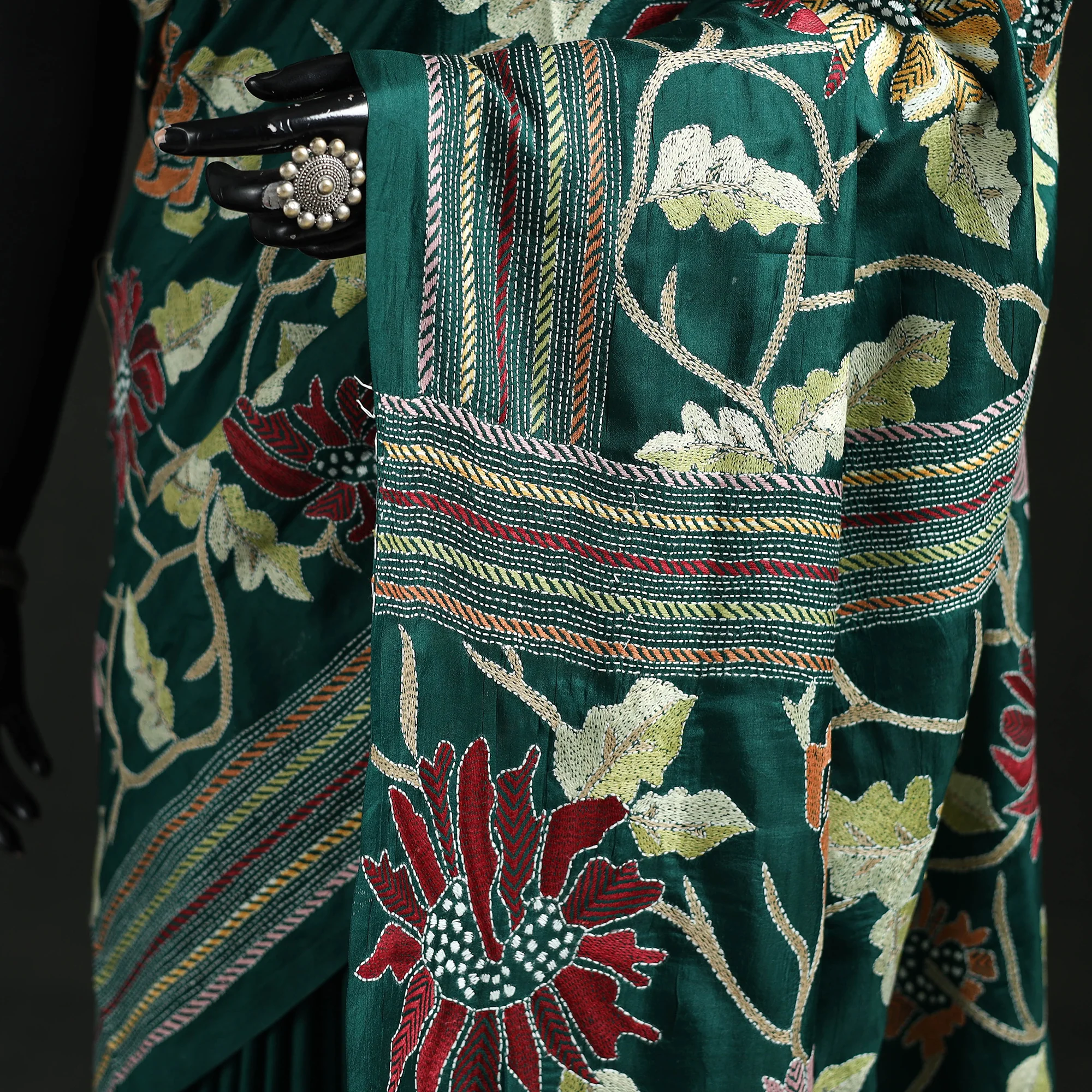 Green - Bengal Kantha Heavy Hand Embroidered Pure Silk Saree 10 - Image 3