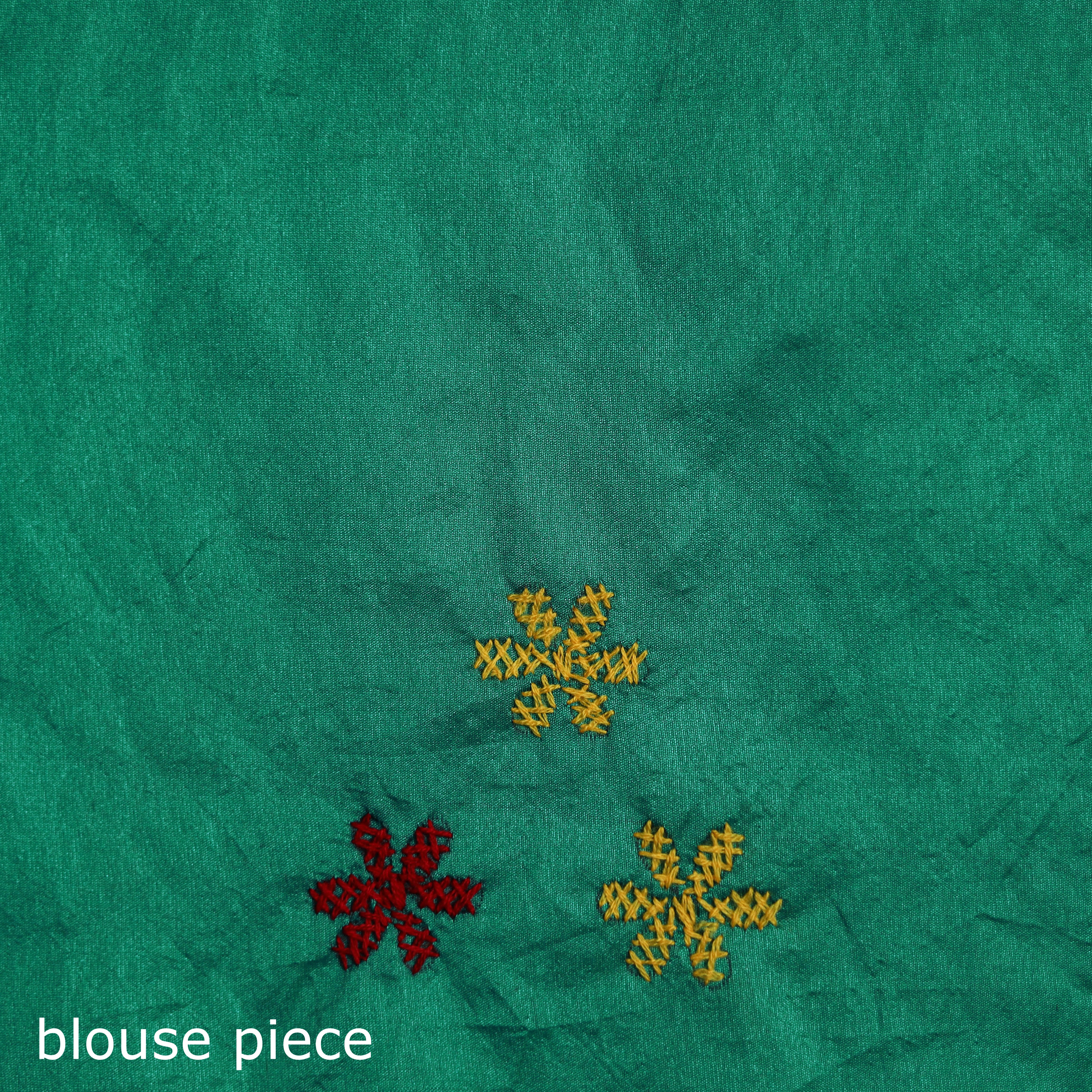 Green - Bengal Nakshi Kantha Hand Embroidered Silk Saree 55 - Image 5