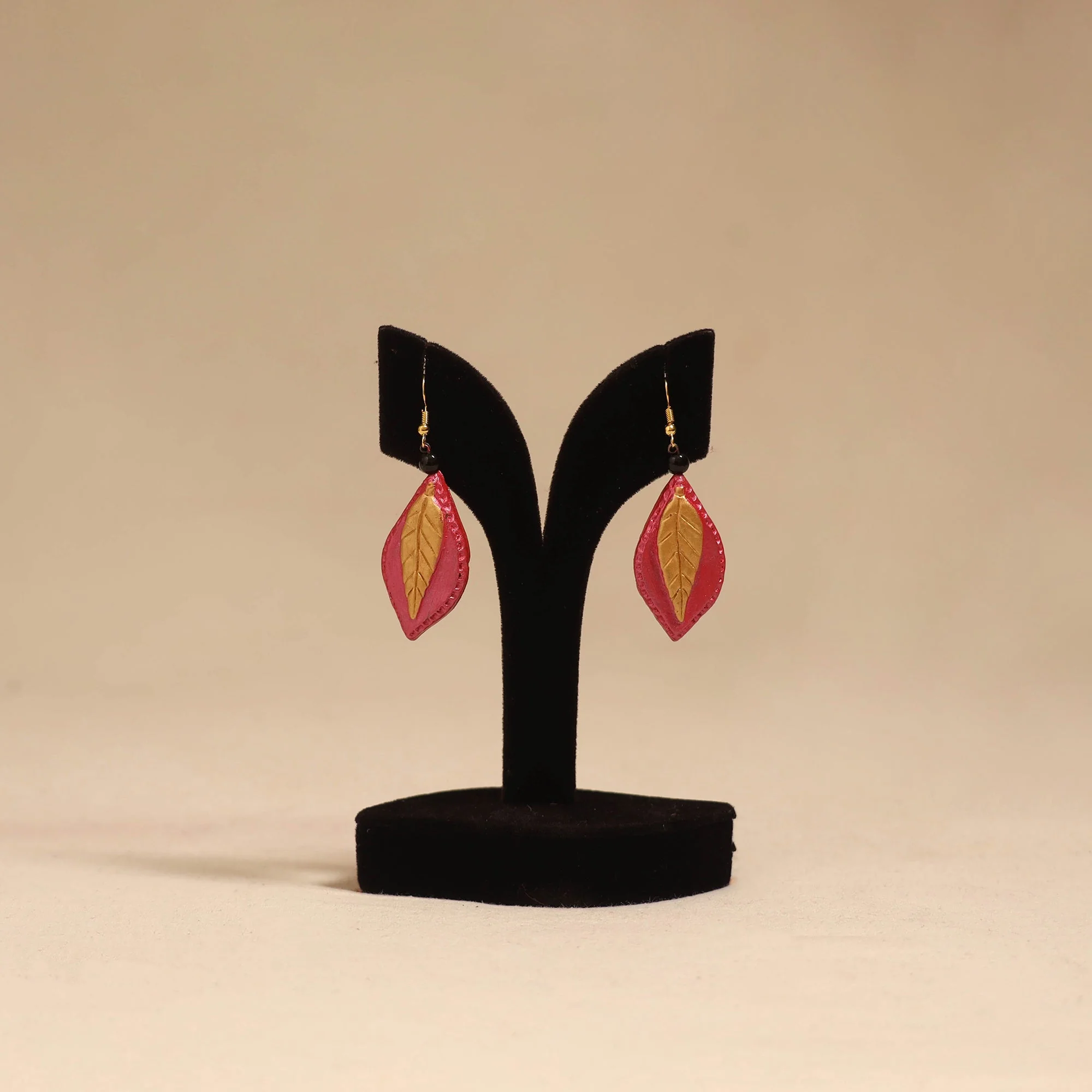Pink - Bishnupur Handpainted Leaf Shape Terracotta Earrings 112