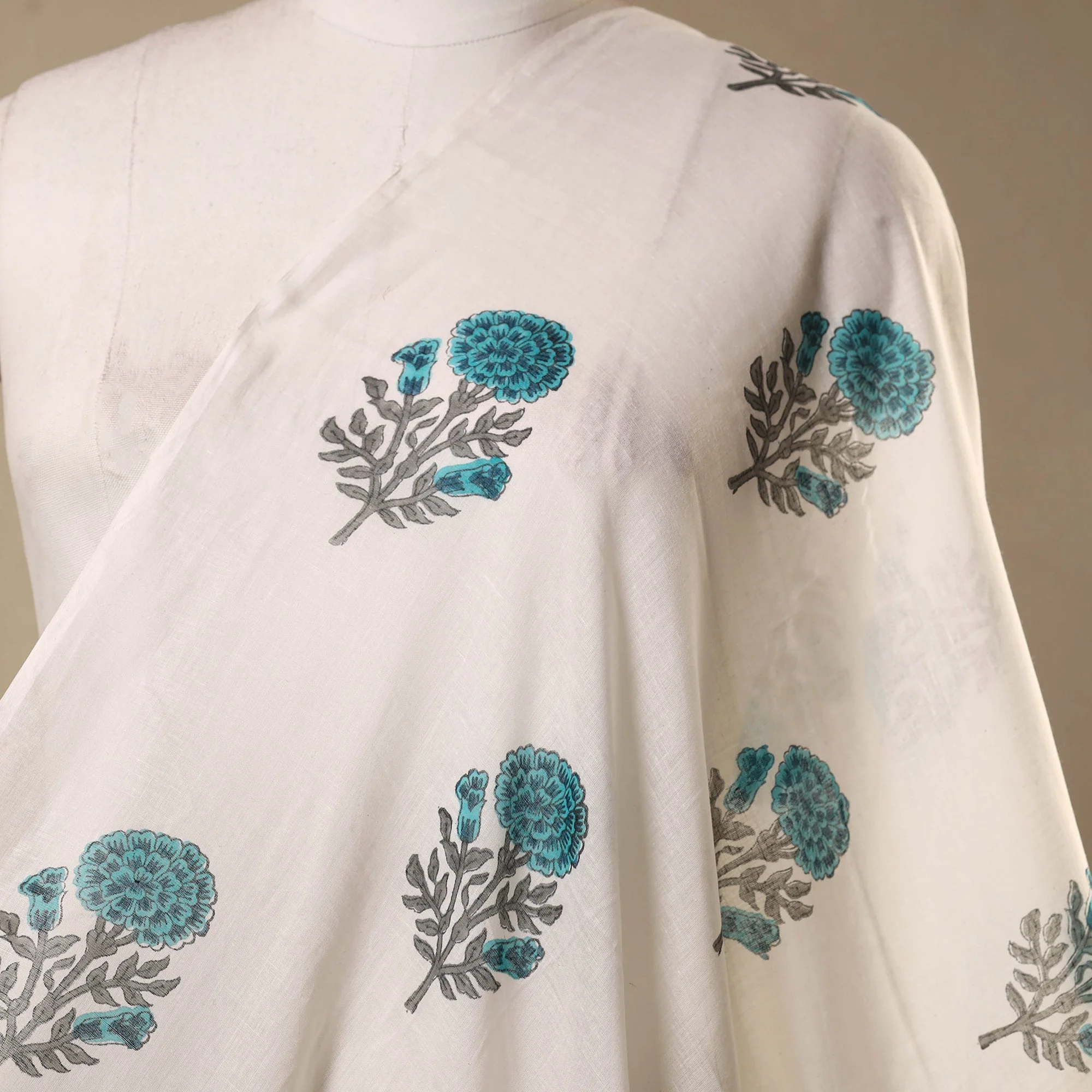 White - Block Print Mul Cotton Sanganeri Fabric 28 - Image 2