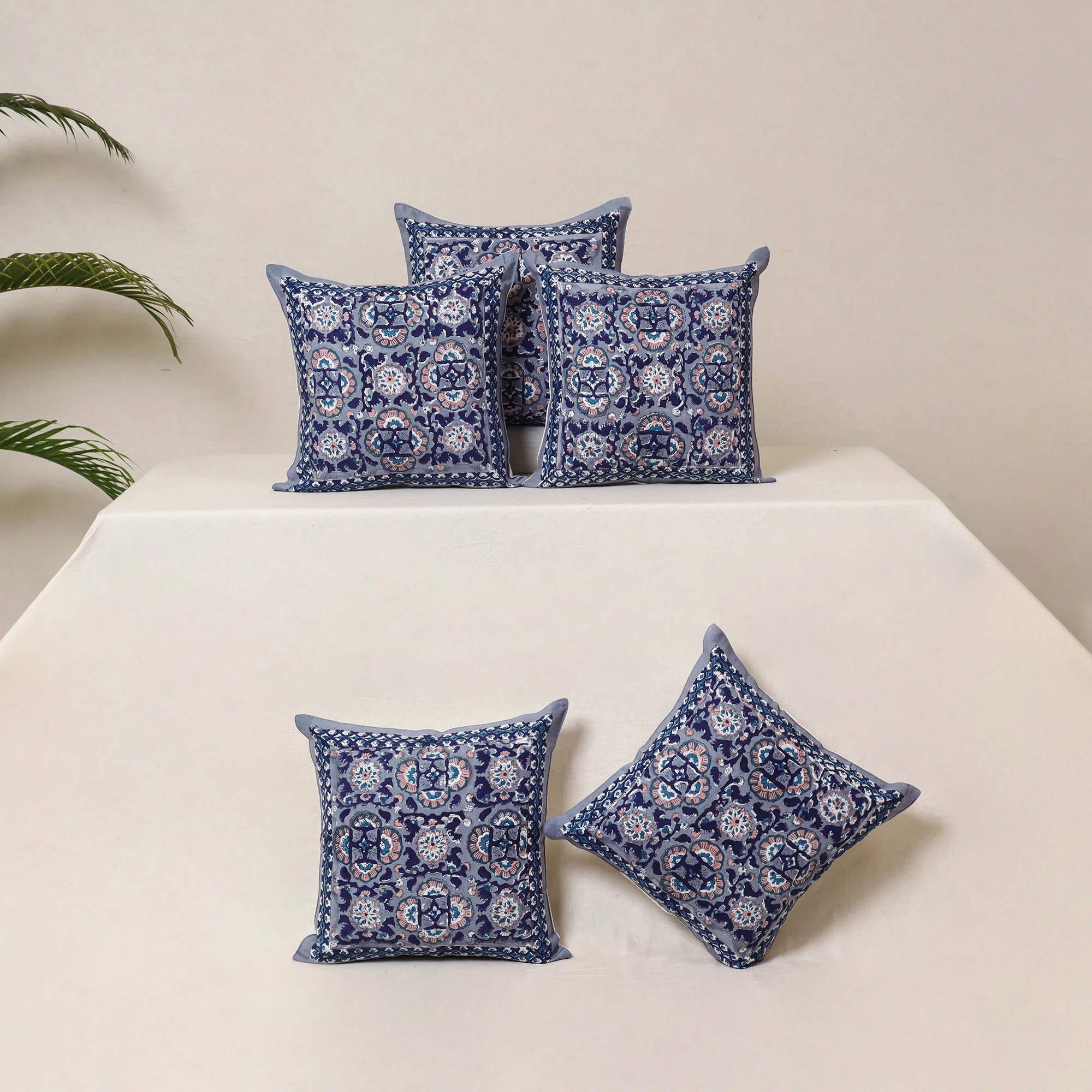 Blue - Block Print Sanganeri Floral Cushion Cover (Set of 5) 01