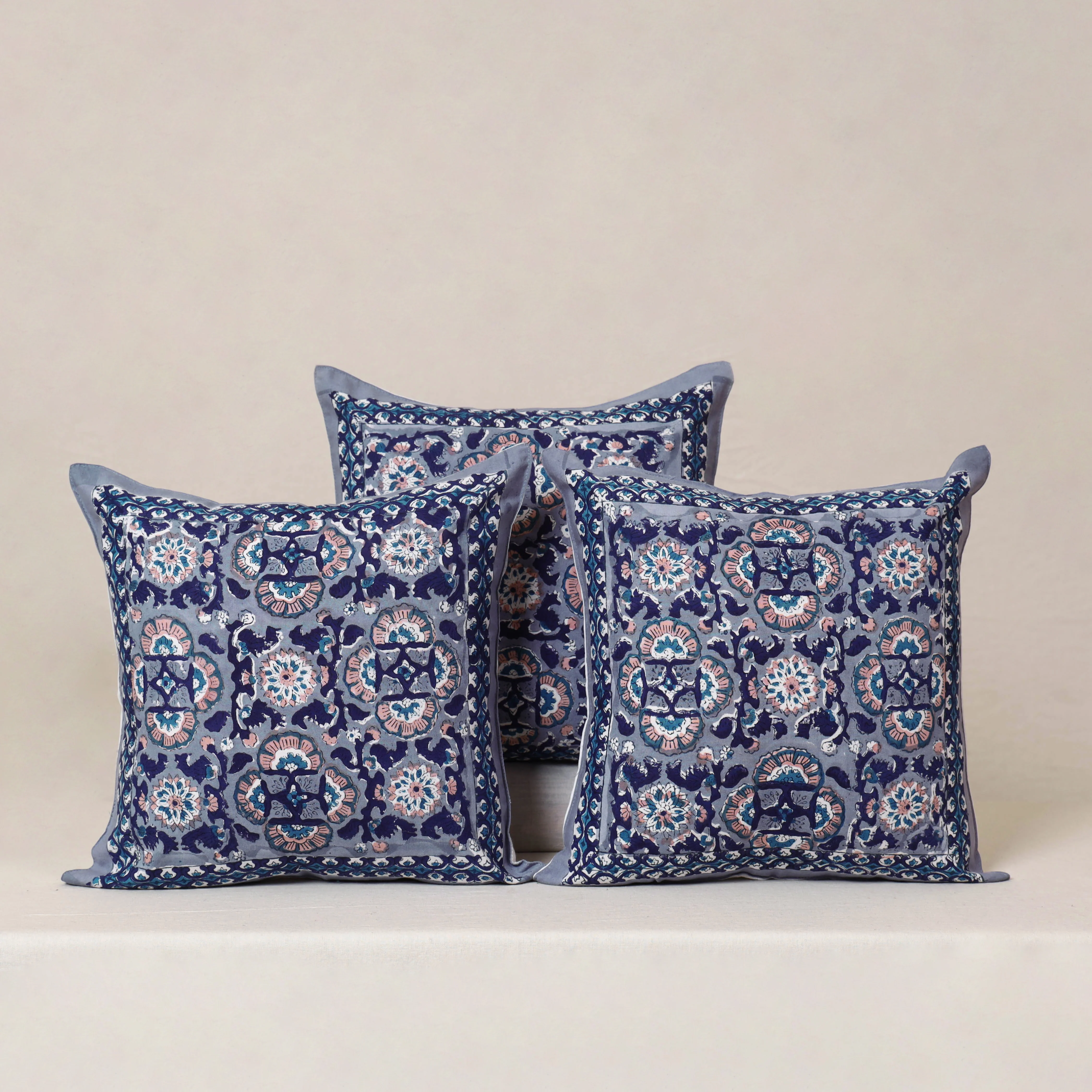 Blue - Block Print Sanganeri Floral Cushion Cover (Set of 5) 01 - Image 2