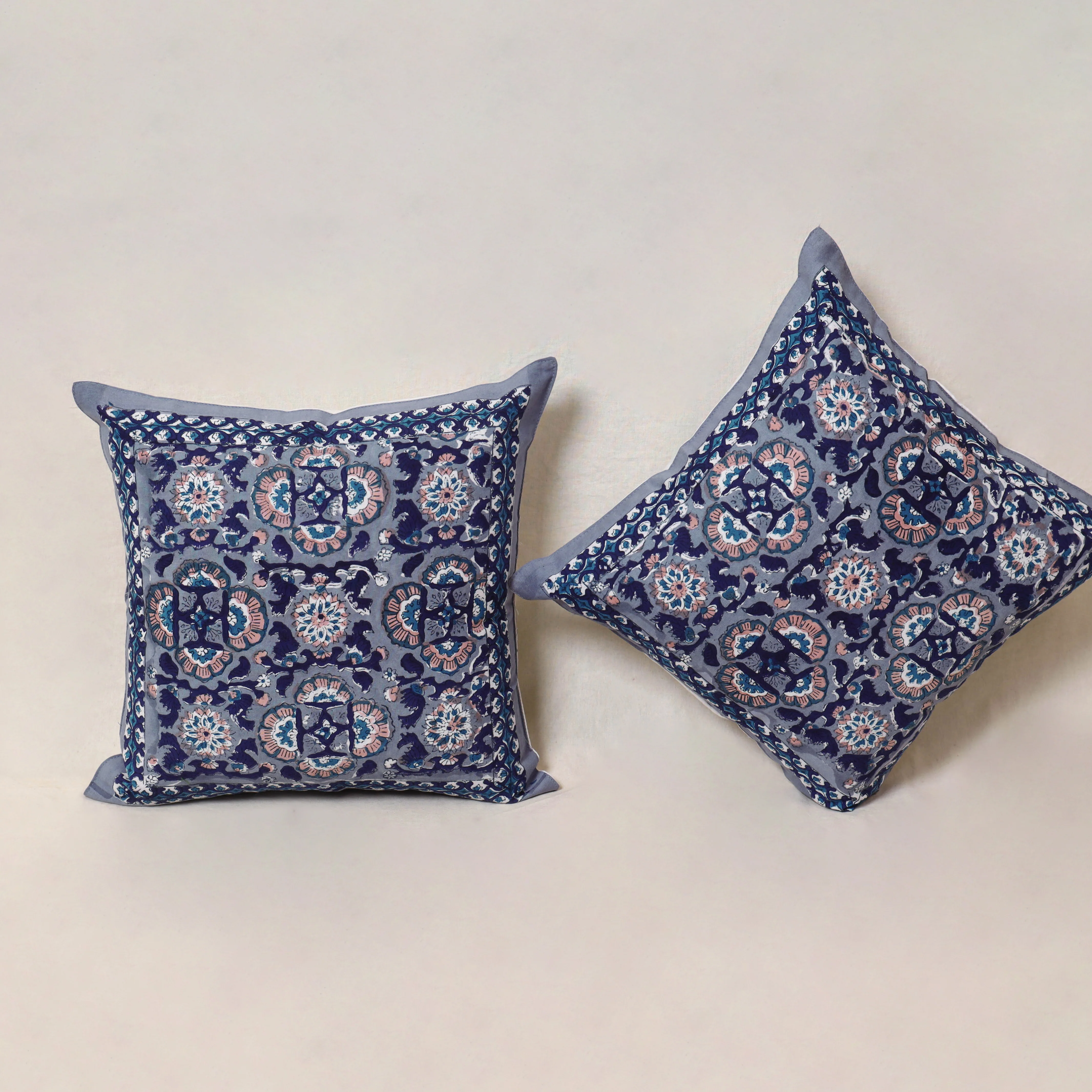 Blue - Block Print Sanganeri Floral Cushion Cover (Set of 5) 01 - Image 3