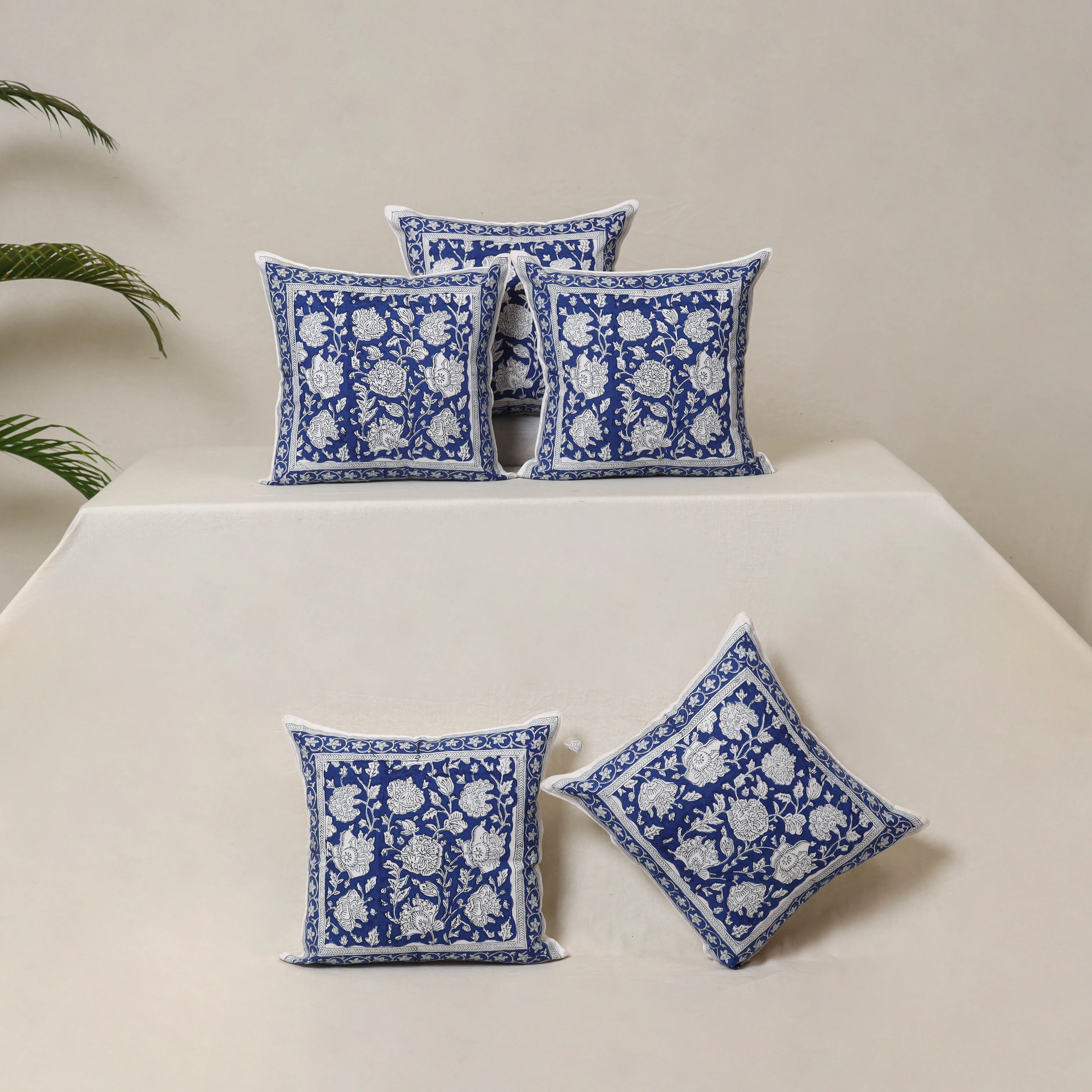 Blue - Block Print Sanganeri Floral Cushion Cover (Set of 5) 02