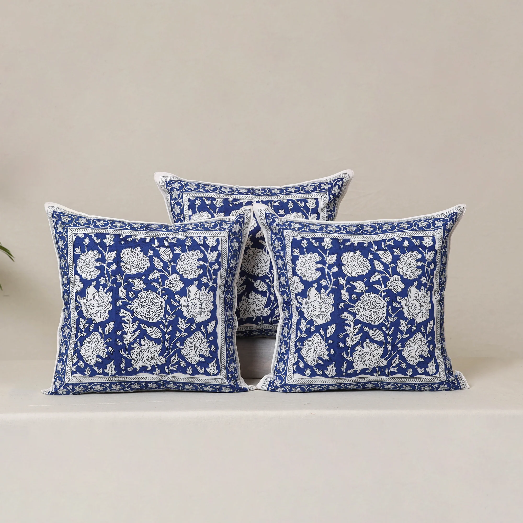 Blue - Block Print Sanganeri Floral Cushion Cover (Set of 5) 02 - Image 2