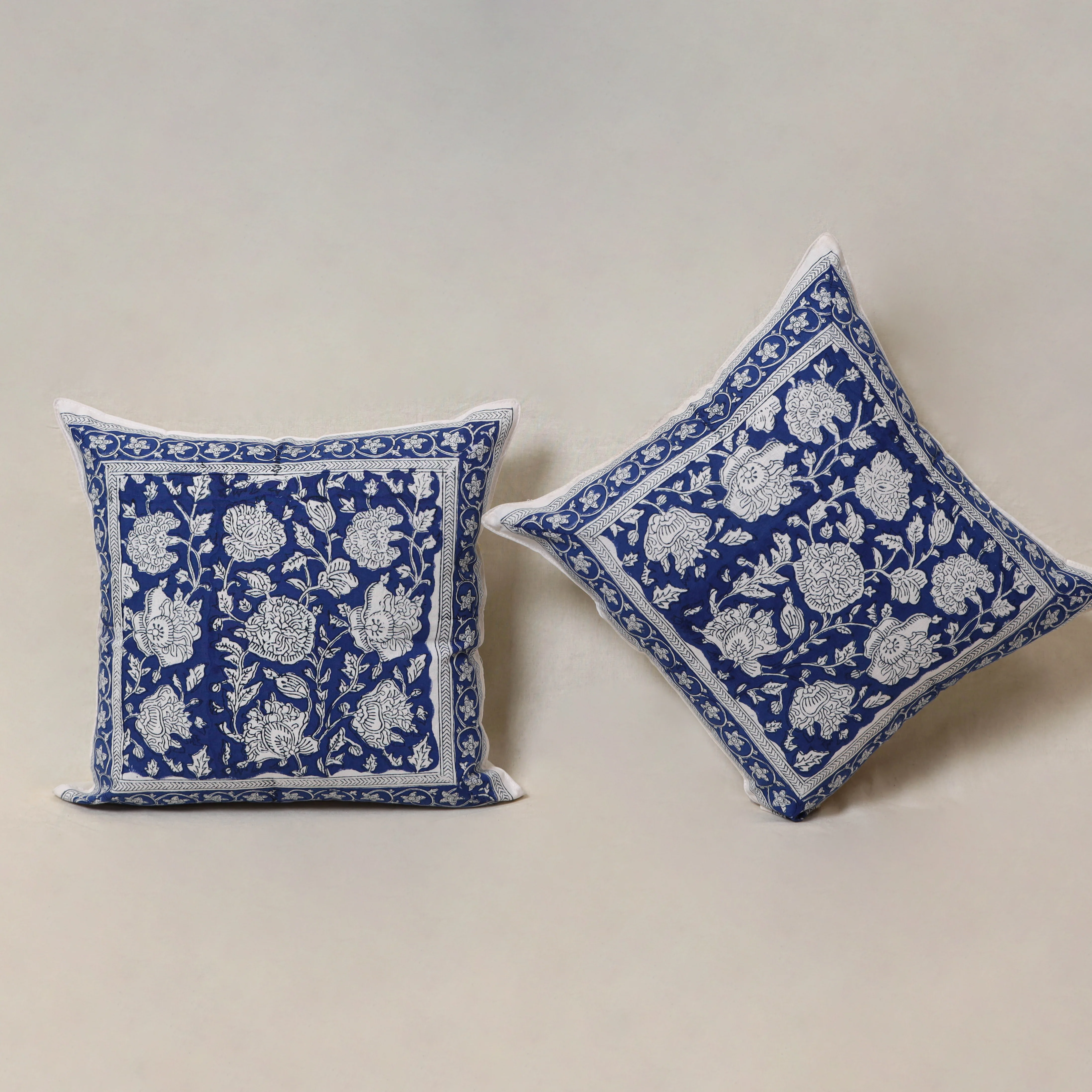 Blue - Block Print Sanganeri Floral Cushion Cover (Set of 5) 02 - Image 3