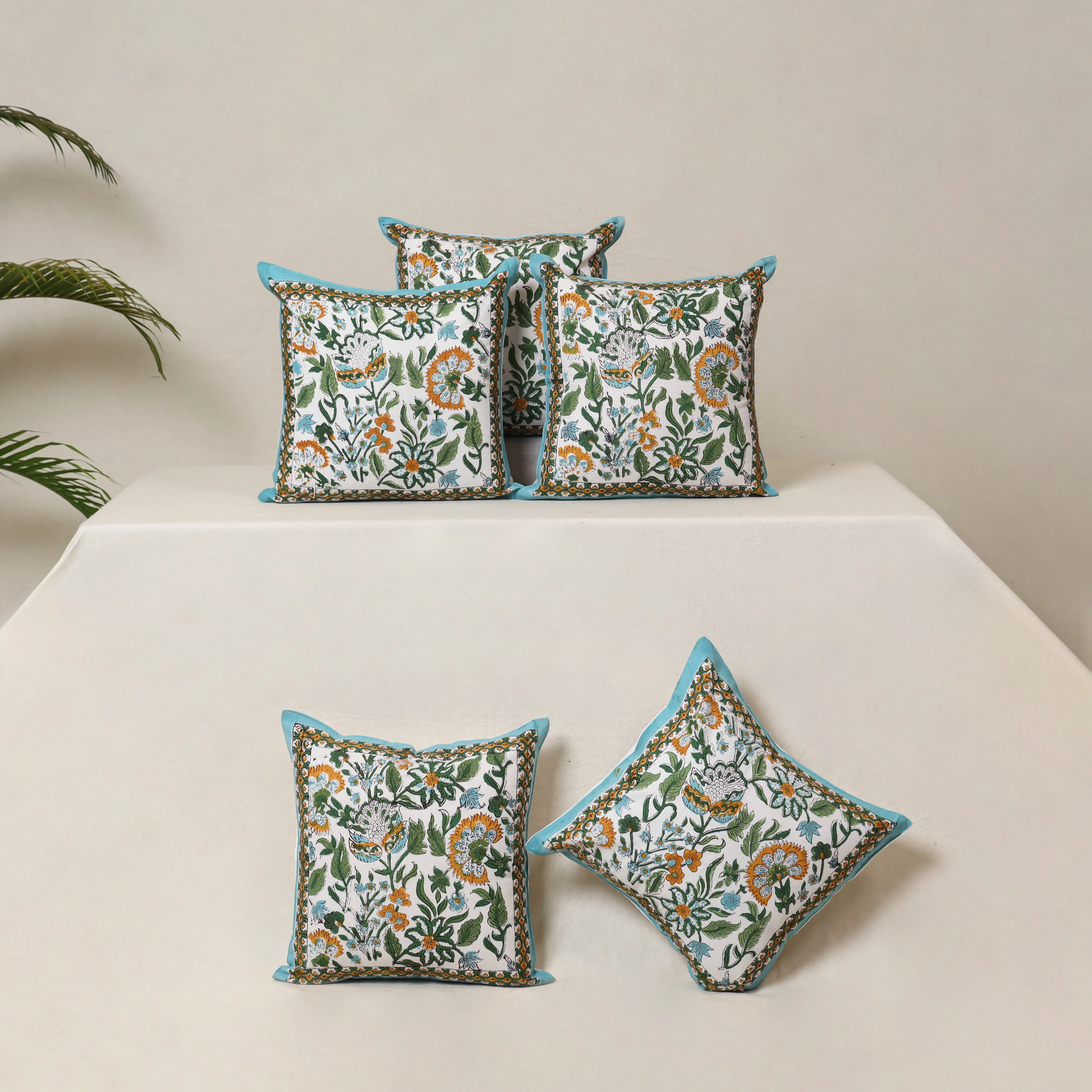 Blue - Block Print Sanganeri Floral Cushion Cover (Set of 5) 03