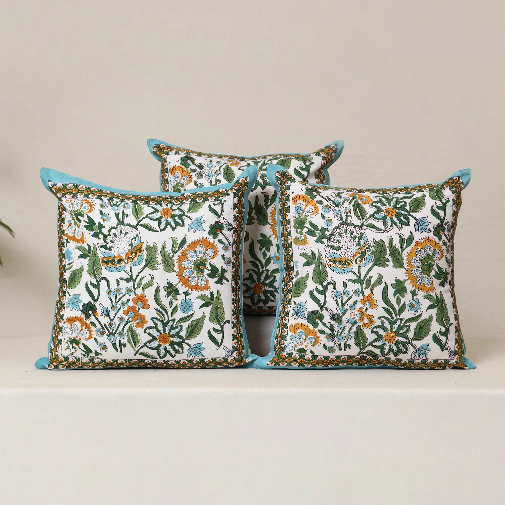 Blue - Block Print Sanganeri Floral Cushion Cover (Set of 5) 03 - Image 2