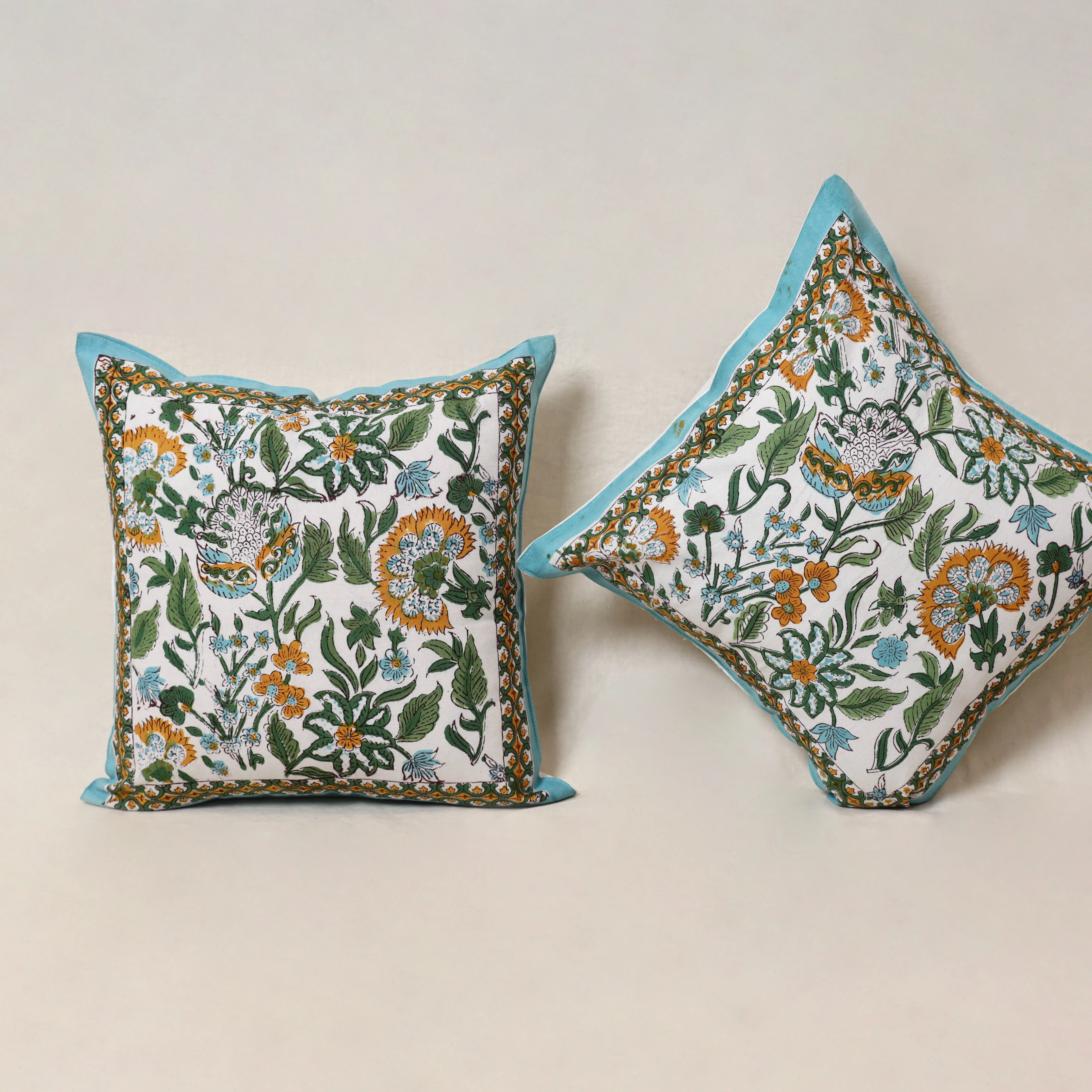 Blue - Block Print Sanganeri Floral Cushion Cover (Set of 5) 03 - Image 3