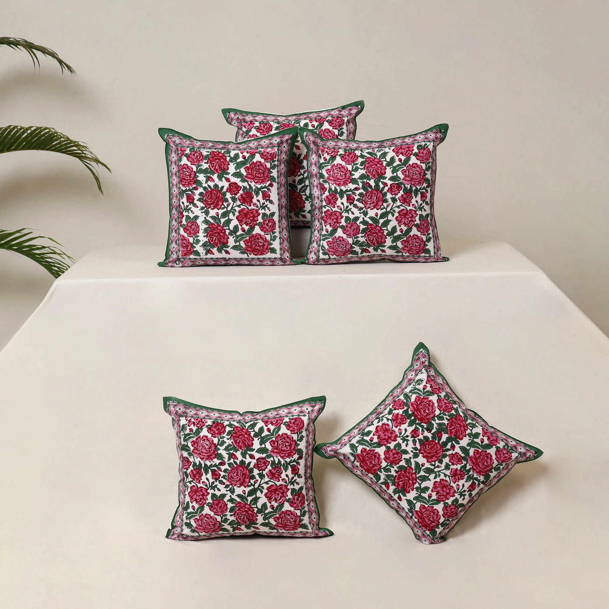 Pink - Block Print Sanganeri Floral Cushion Cover (Set of 5) 04