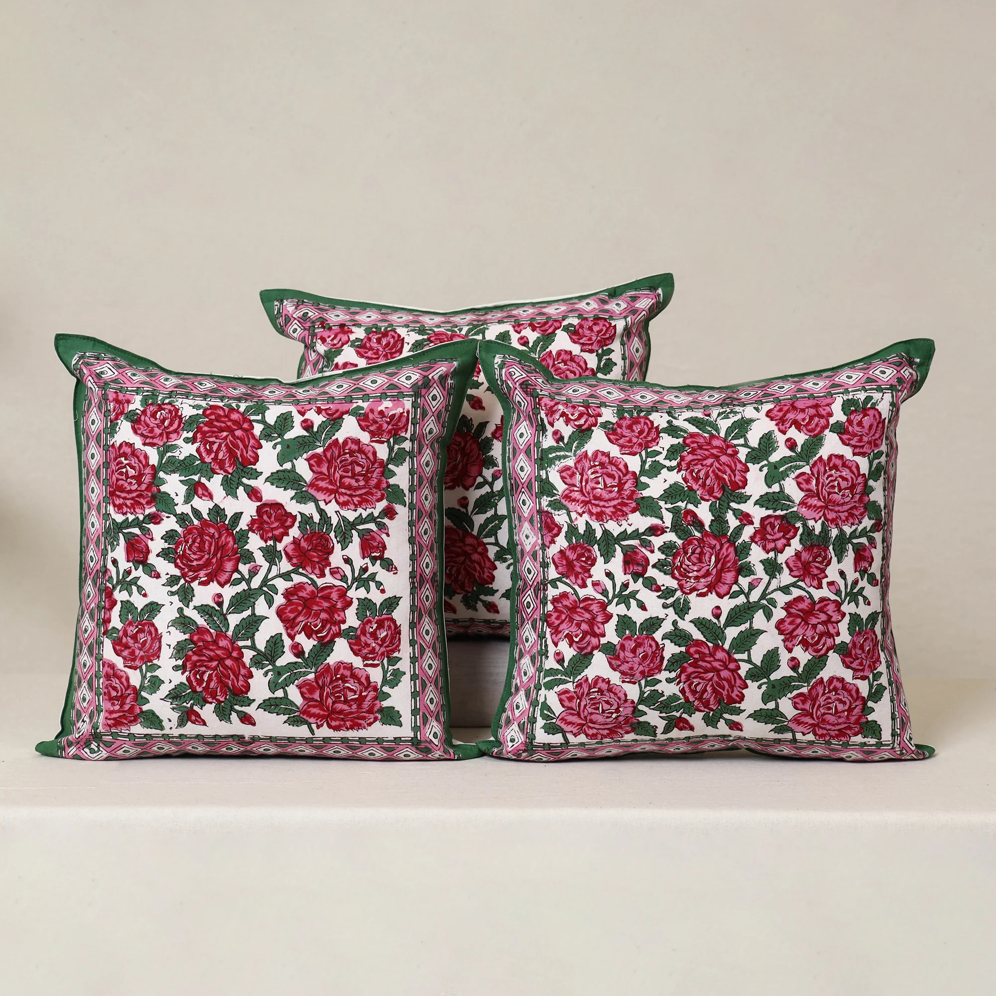 Pink - Block Print Sanganeri Floral Cushion Cover (Set of 5) 04 - Image 2